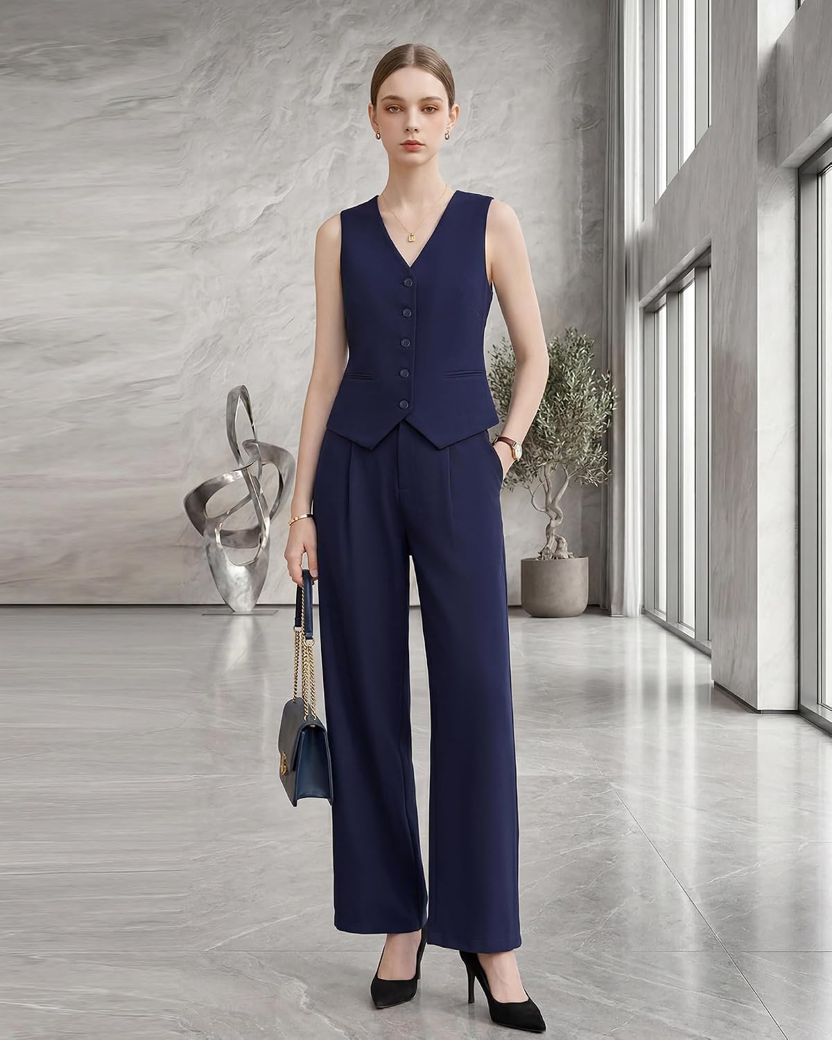 Womens Suit 2-Piece Set Business, Wrinkle-Free Vest and Pant Suits for Women Sleeveless, Professional Workwear for Office