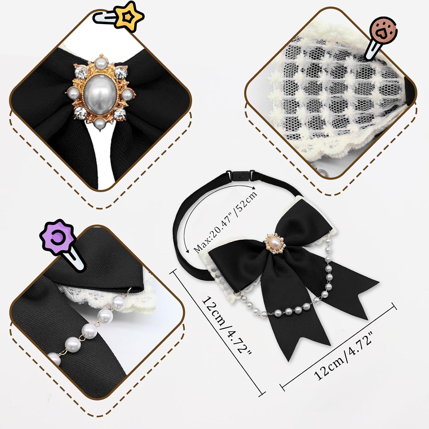 LJBFNN Black Bow Tie for Girls Women, School Girl Ties with Pearls Adjustable Pre-tied Kids Bowtie for Uniform Blouse Costume