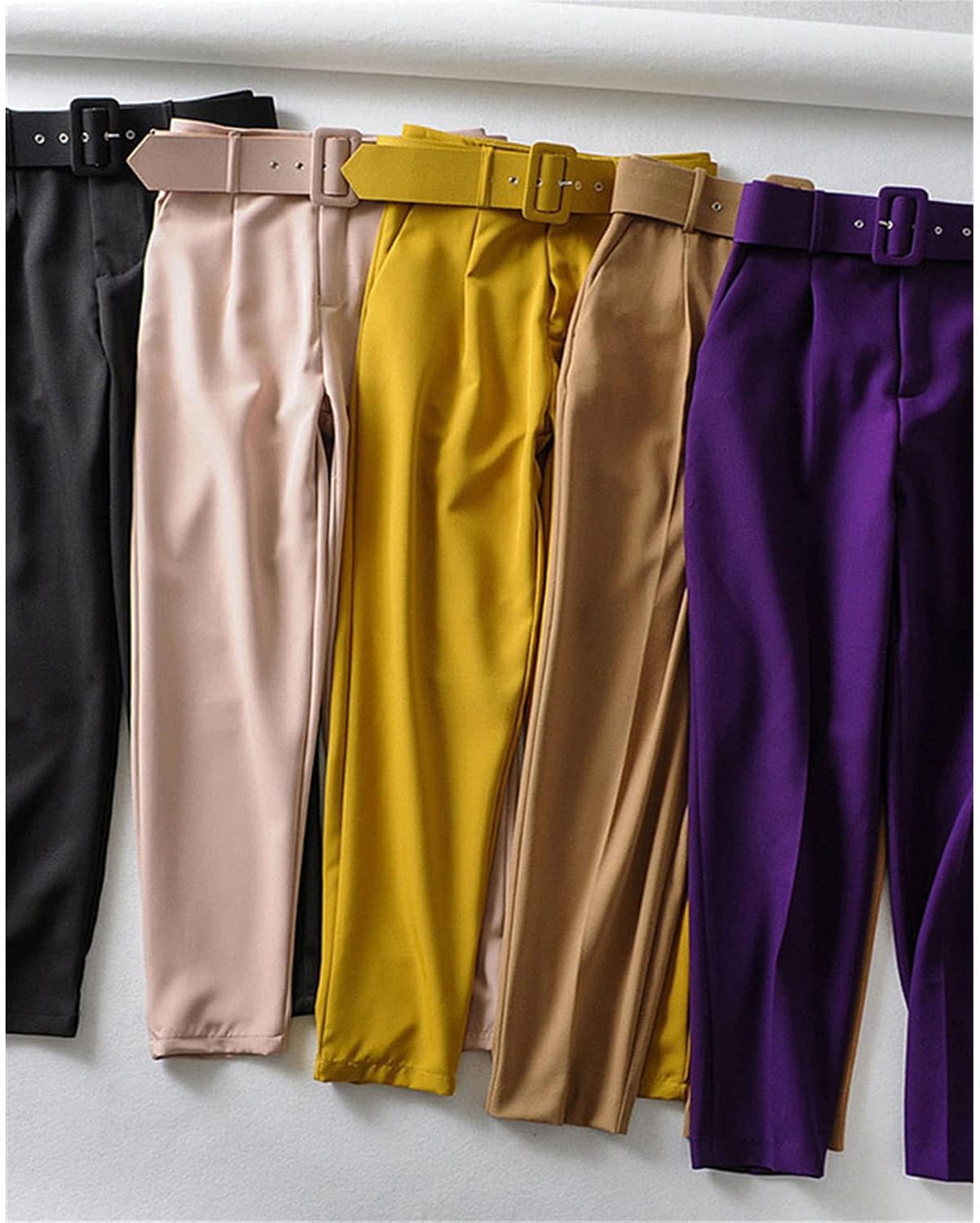 Kelsiop Women's High Waist Belt Pocket Office Cropped Trousers Spring Fashion Harem Pants