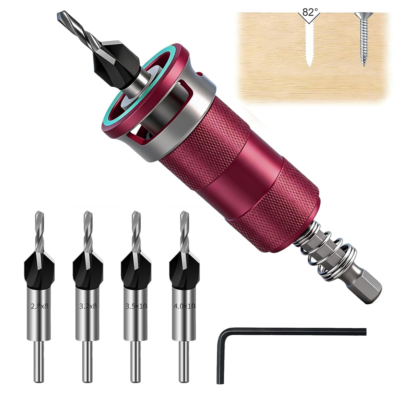 6 avellanadores cónicos para madera, brocas avellanadas para madera con tope de profundidad ajustable, avellanador con vástago hexagonal de 1/4 pulgadas de HSS-M2, agujeros precisos