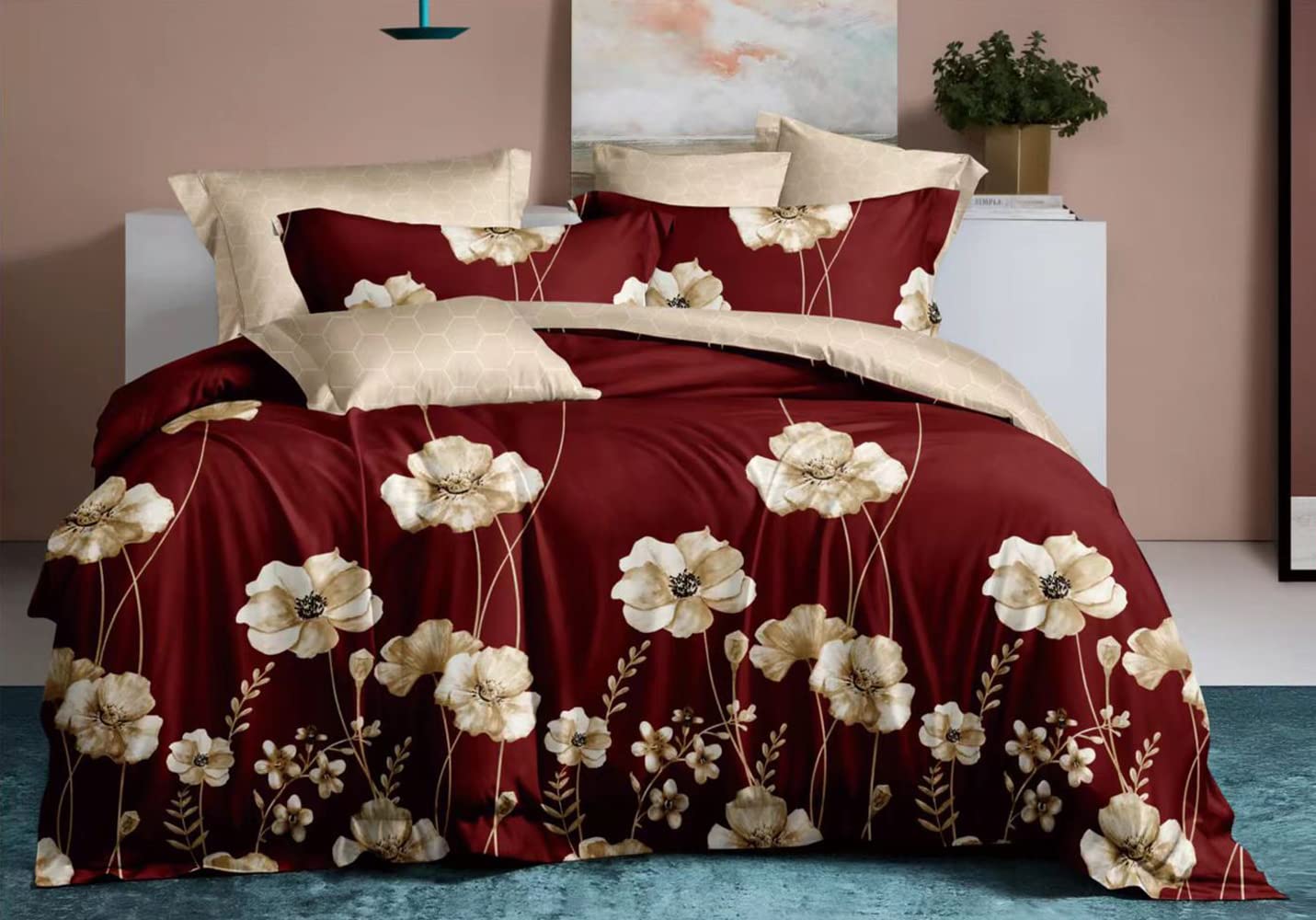 Luxury Comforter Bedding Cover Sets Microfiber 6 Piece with 1 Duvet Cover 1 Fitted Sheet 4 Pillows Cases Home Bedroom Hotel King Size 200x200cm (King, Maroon)