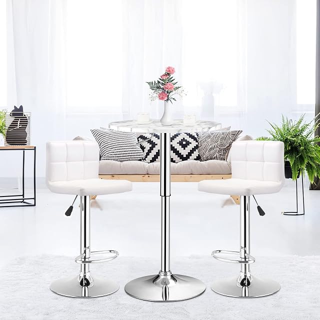 COSTWAY Modern Round Marble Bar Table, Height Adjustable & 360° Swivel Counter Pub Tables with Sliver Leg and Base for Home, Office, Dining Room and Kitchen (White+Silver)