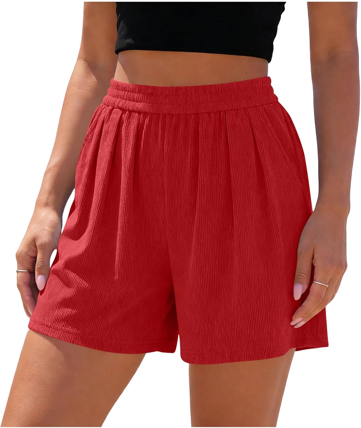 Women's Summer Textured Lounge Shorts, Versatile Solid Casual Loose Elastic Waist Running Beach Shorts with Pockets