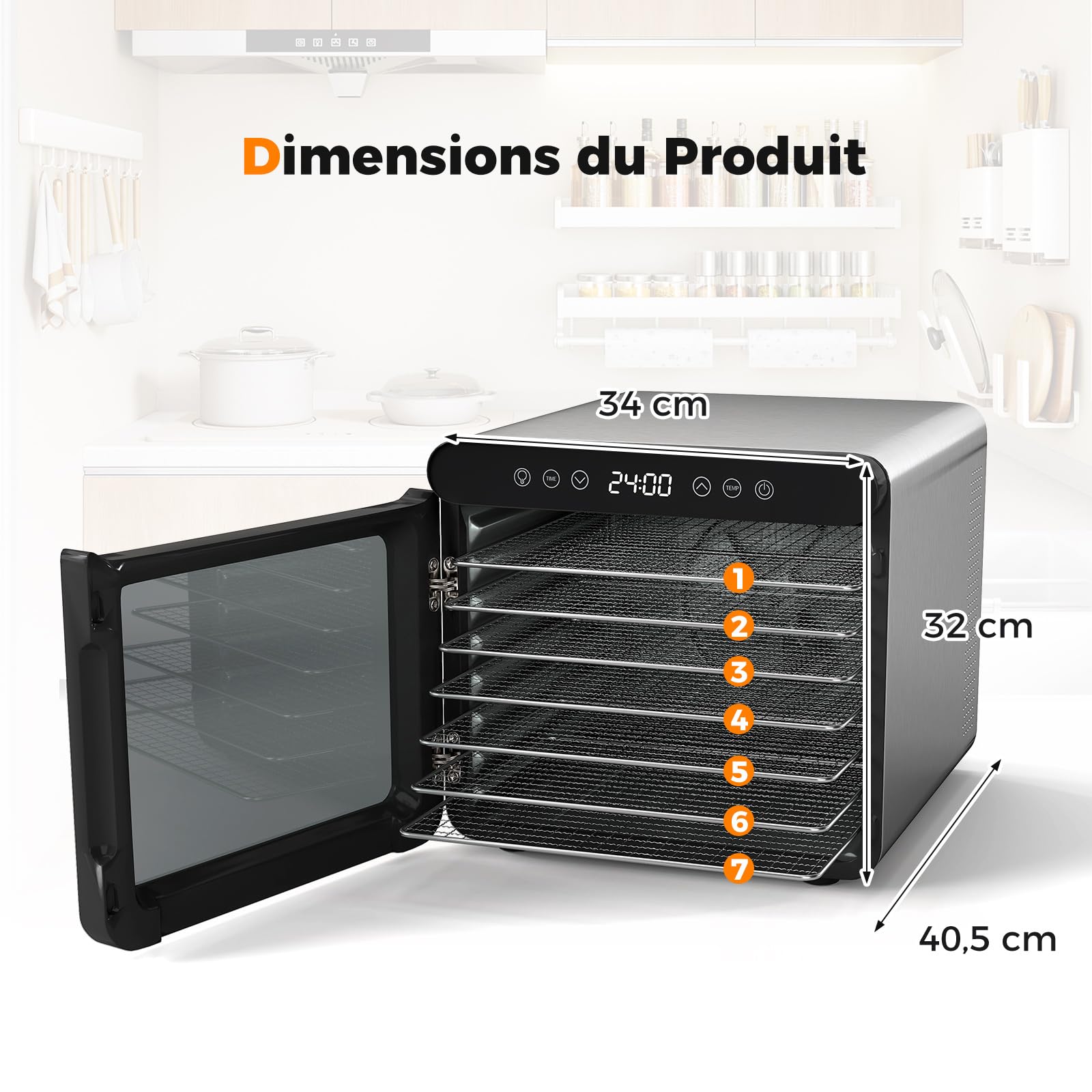 COSTWAY Déshydrateur Alimentaire, Séchoir à 7 Plateaux en Acier Inox avec Minuterie 1-24H et Température 30-75℃, Accessoires Inclus, Machine à Déshydrater pour Fruits, Viandes, Légumes, Champignons