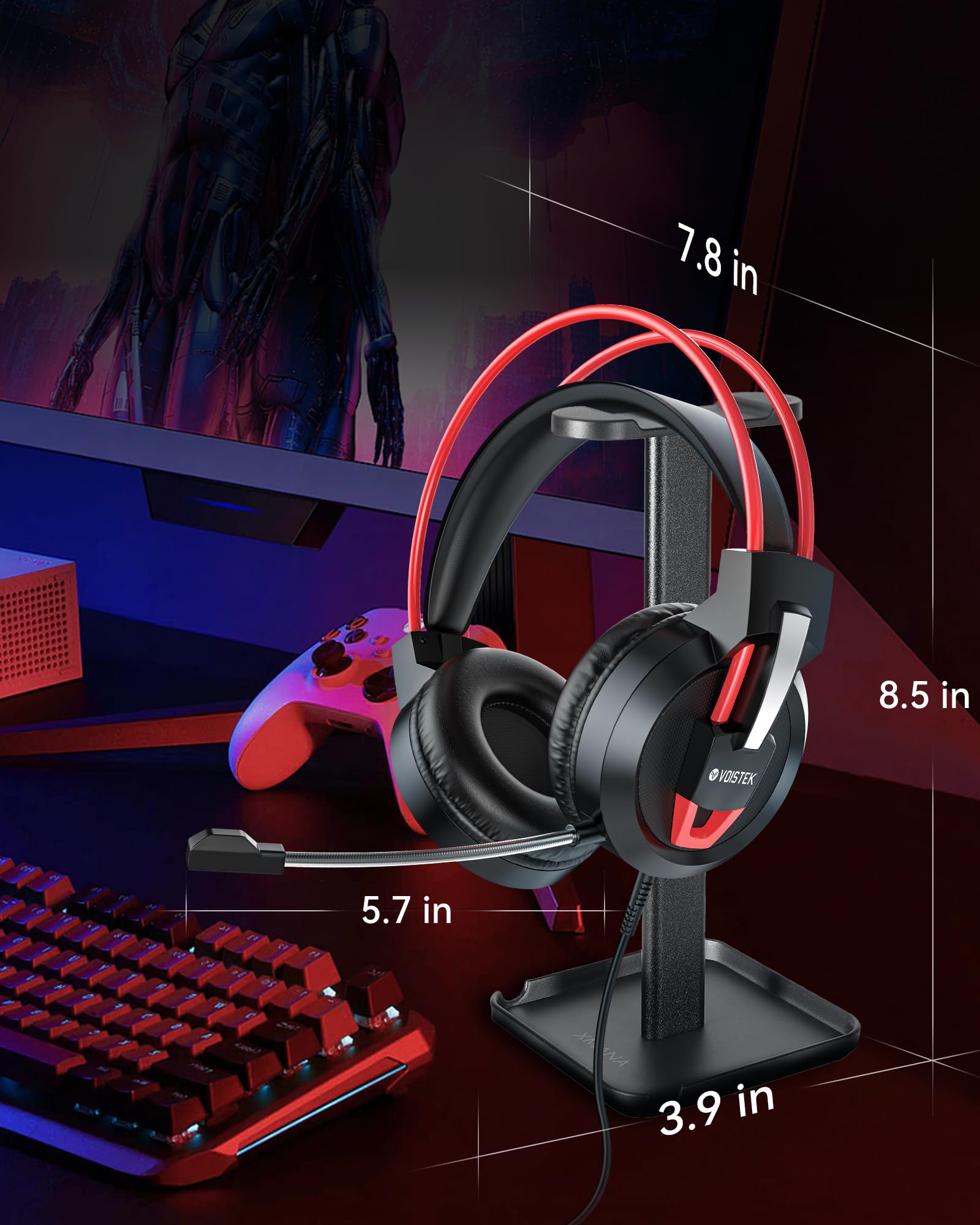 Voistek Cuffie da gioco con microfono, suono surround, cancellazione del rumore, colore rosso