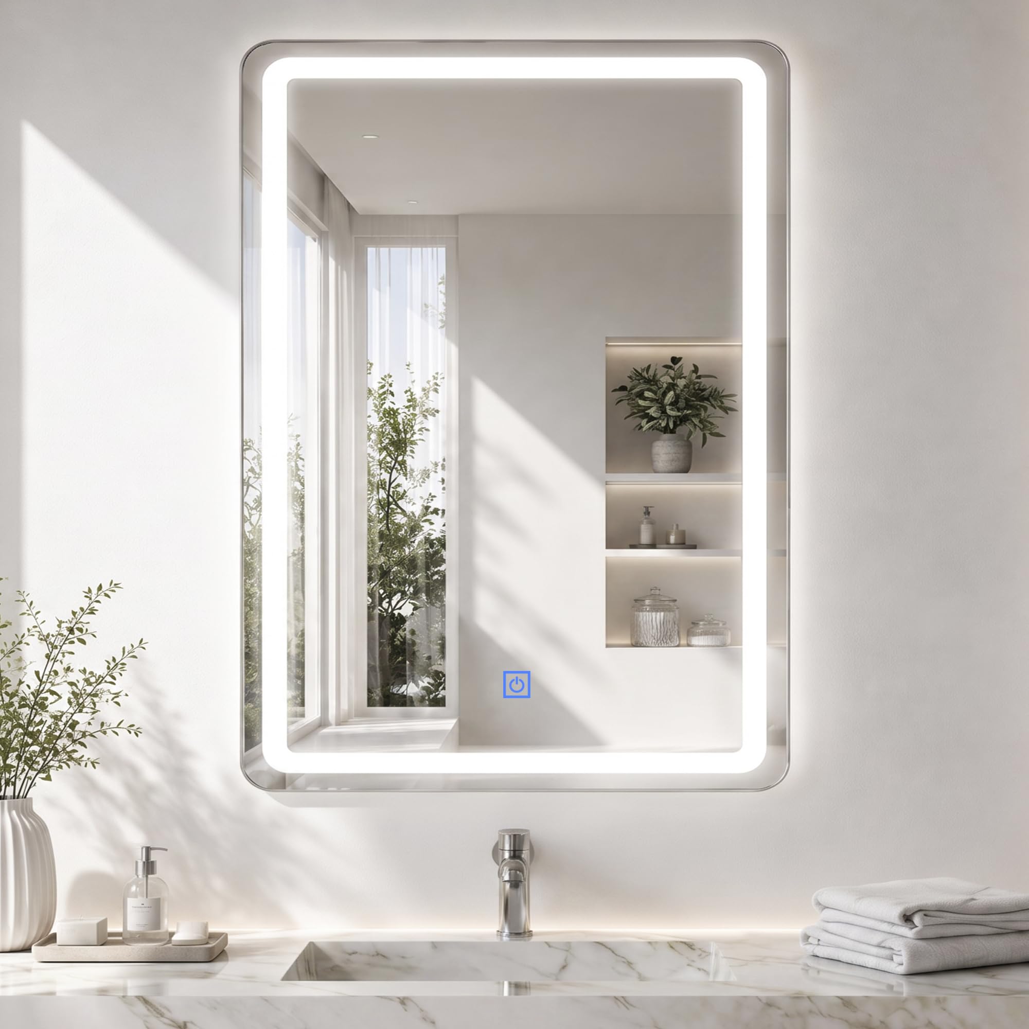Raganet Espejo Rectangular con Luz LED, 3 Tonos de Luz Fría, Cálida, Neutra, Atenuable, Interruptor Táctil, Montaje en Pared, para Baño o Tocador (Rectangular 60 x 40 cm)