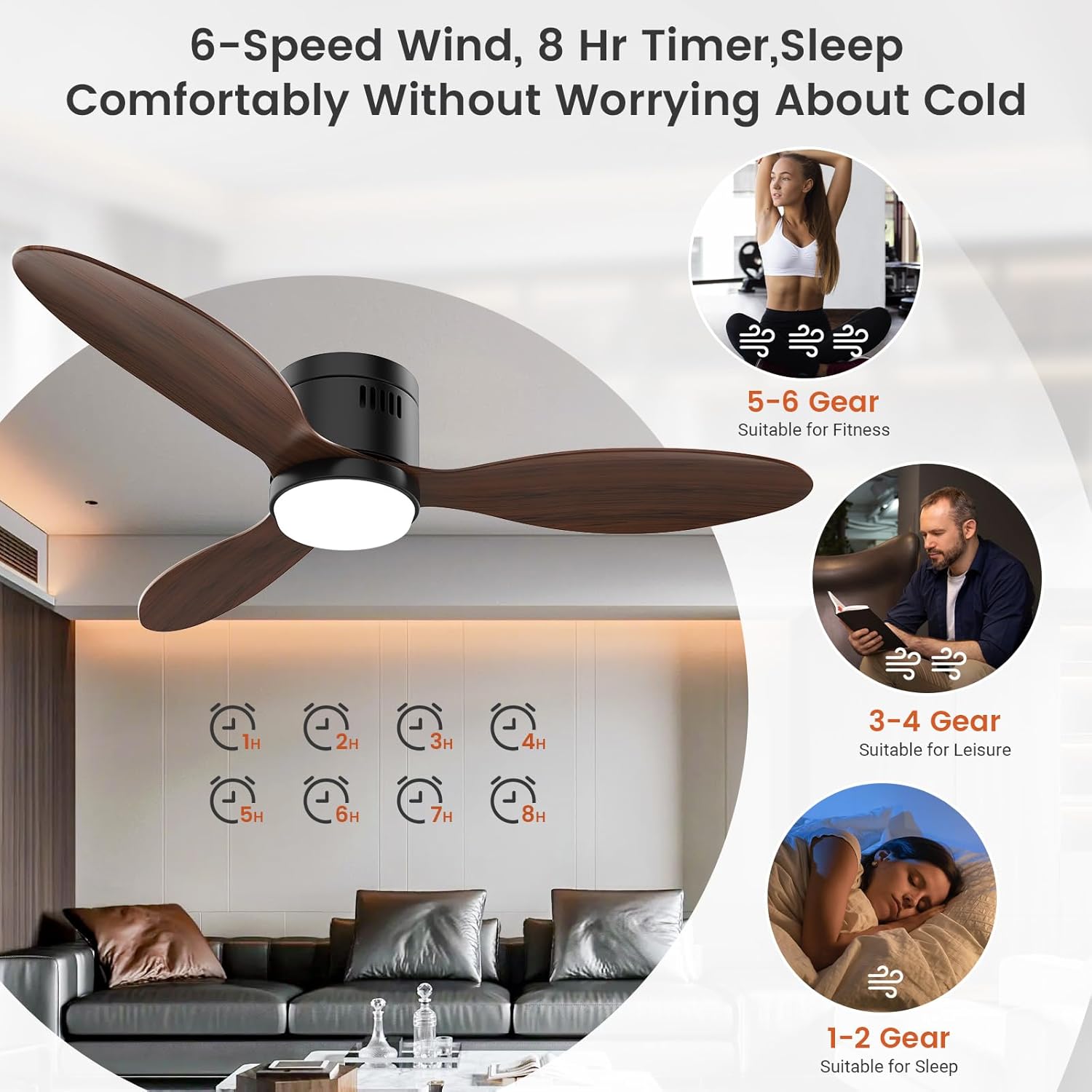 BLITZWILL 52-inch ceiling fan installed in a living room, showing dimensions and recommended room size/height.