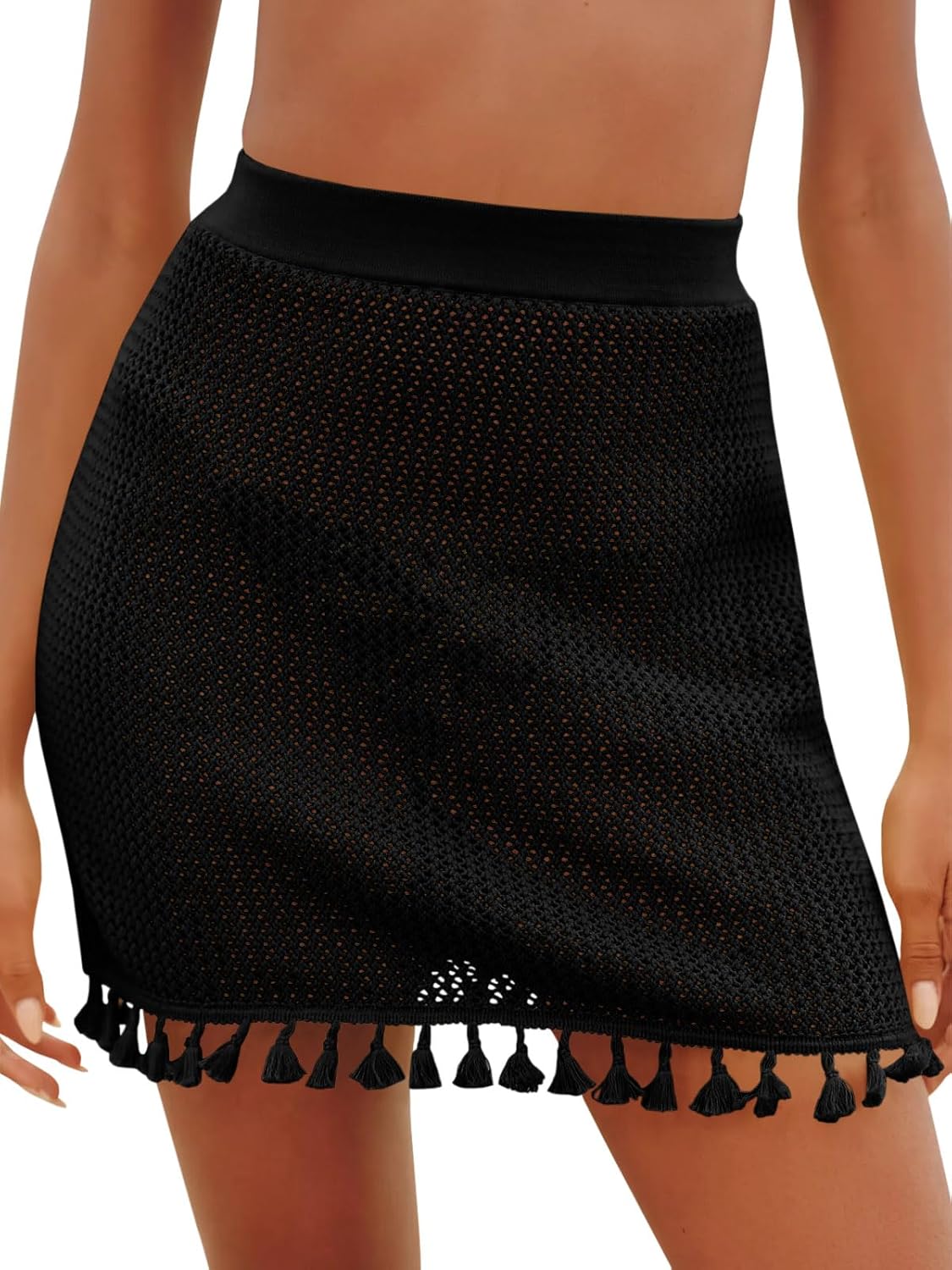 Fisoew Women's Crochet Swimsuit Cover Up Tassel Knit Hollow Out Bathing Suit Bikini Vacation Beach Summer Mini Skirts