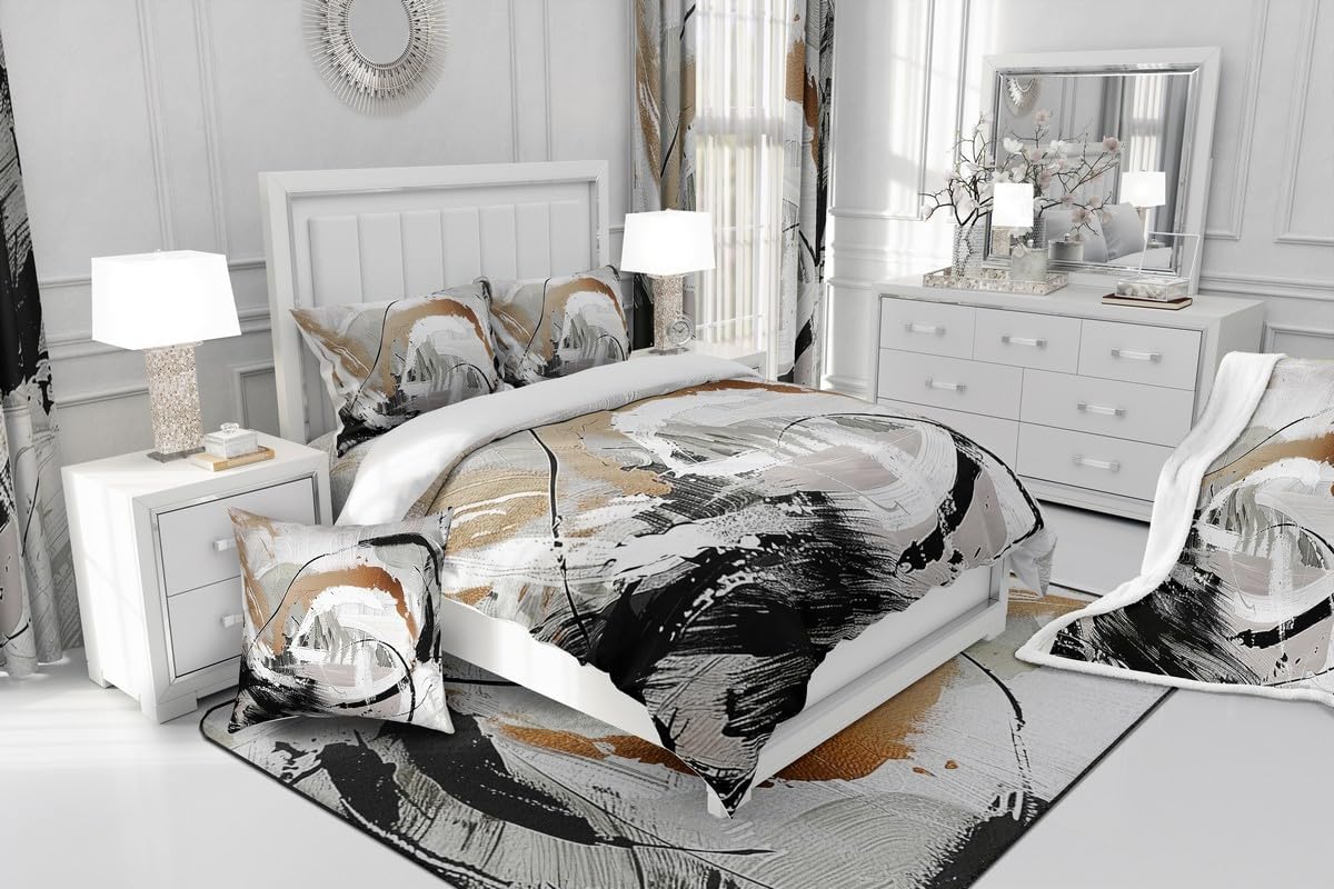 Erosebridal Taupe Brown Duvet Cover Set Gradient Black White Grey Abstract Ombre King Bedding Set,Watercolor Brush Strokes Oil Painting Comforter Cover Modern Graffiti Art Room Decor