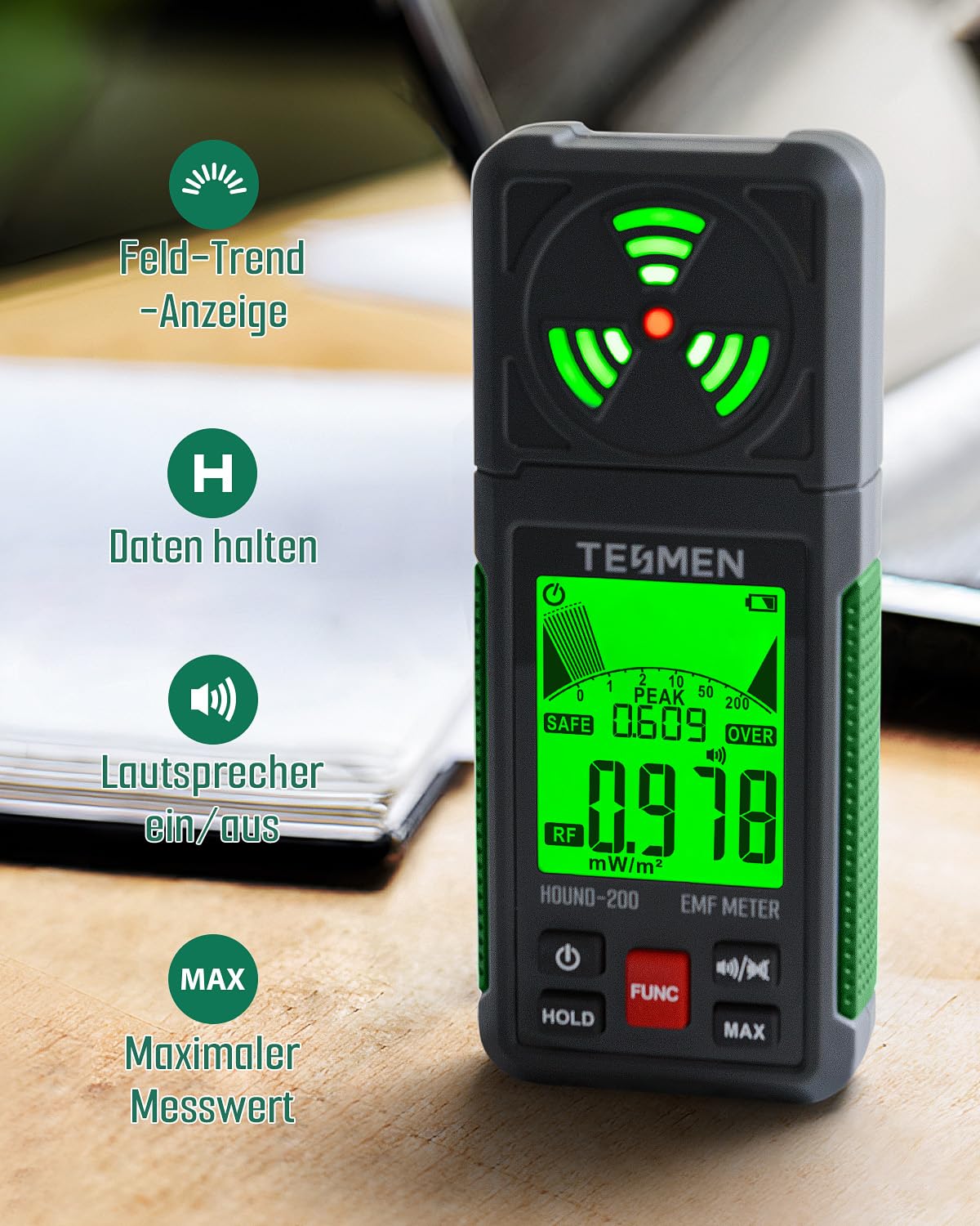 TESMEN HOUND-200 EMF-Messgerät, 3-in-1 tragbarer Elektromagnetfeldstrahlungsdetektor für EF RF MF, WiFi-Signal, zur Verwendung bei EMF-Inspektionen zu Hause und im Freien sowie Geisterjagd - Grün