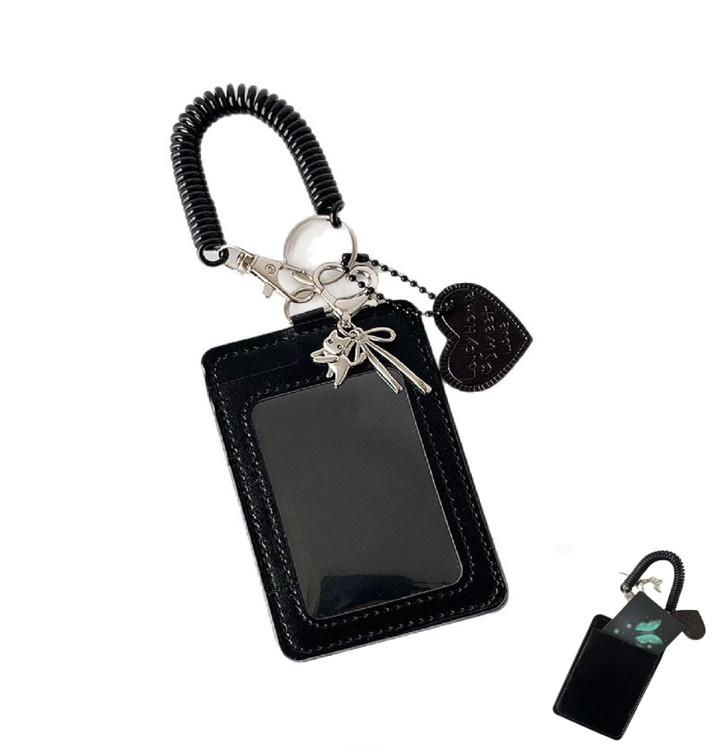 1 Pcs Photocard Holder, Black Photo Card Holder with Bowknot Cat, Cute Photocard Holders Keychain with Heart Pendant, Durable Plastic Photo Cards Holders for PVC Sleeves ID Badge Bus Pass Credit Card