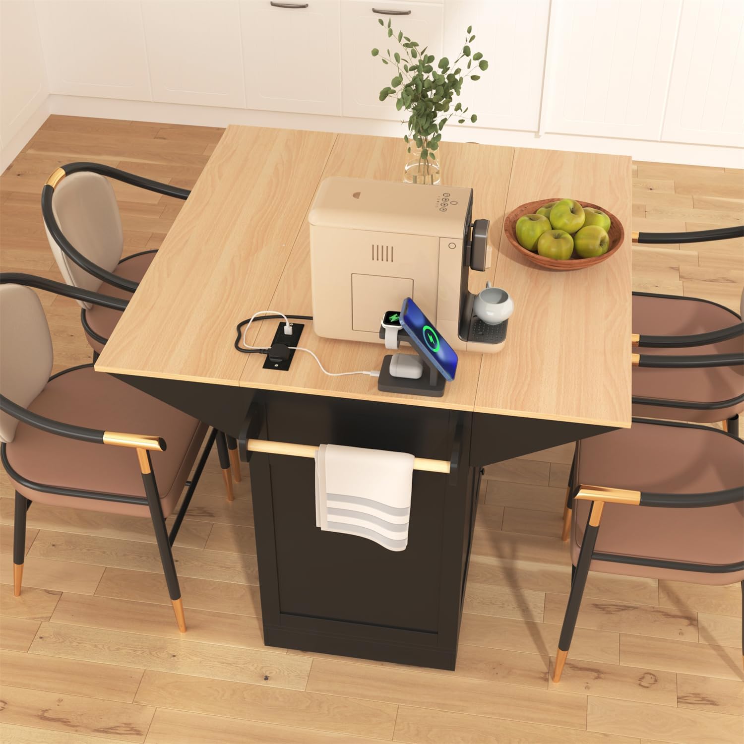 Linique 55.7" W Kitchen Island with 2 Drop Leaf, Moblie Kitchen Cart on Wheels with Storage Cabinet, 3 Drawers, Multifunctional Rolling Dining Table with Power Outlet, Spice & Towel Rack, Black