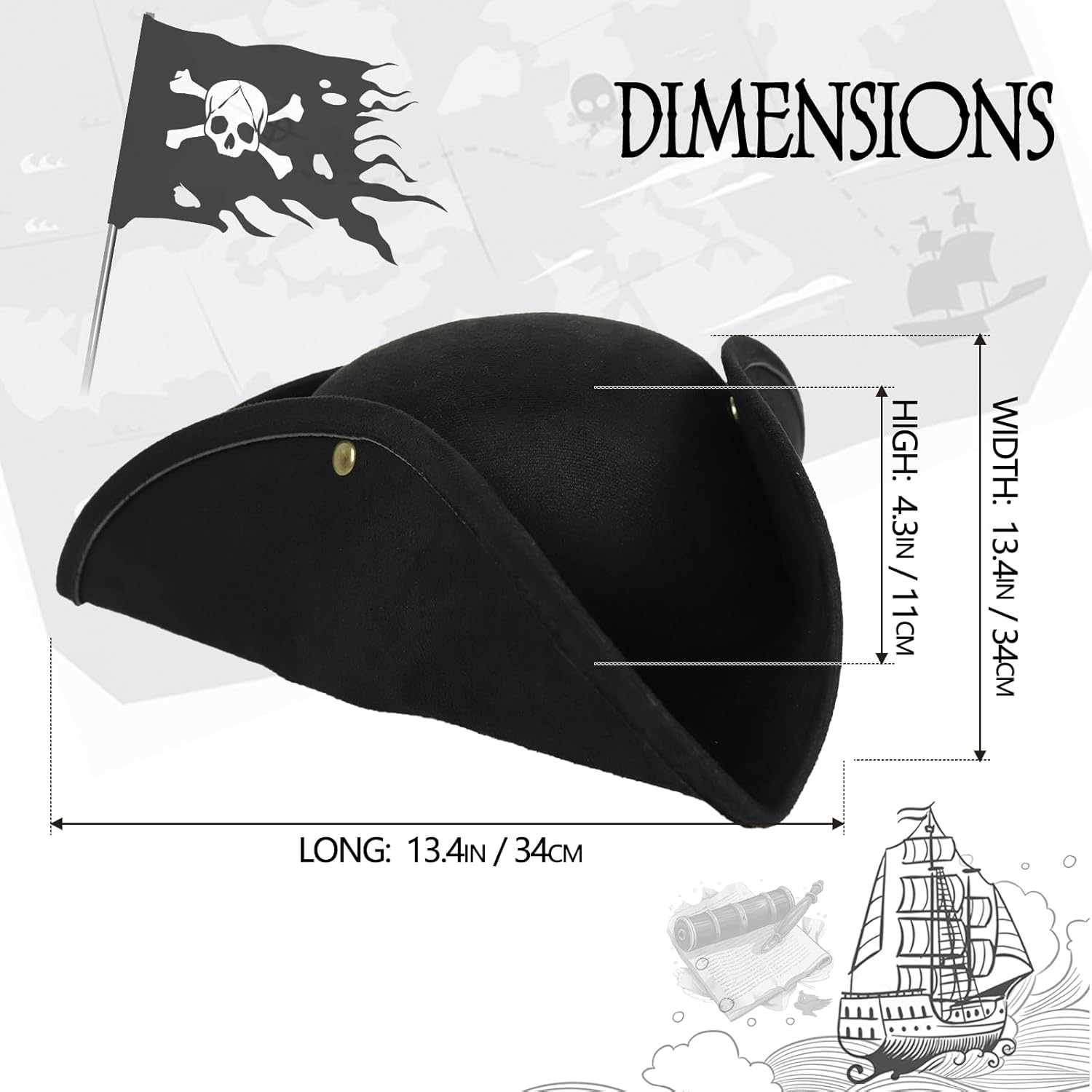 HOMELEX Pirate Hat for Women & Men Colonial Tricorn Halloween Adult Revolutionary war Costume Accessory - Image 6
