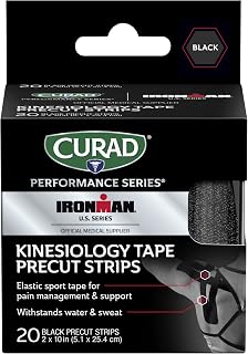 CURAD Performance Series IRONMAN Kinesiology Tape, Pain Management Technology, Sweat & Water-Resistant Athletic Tape, Compression Support for Joints & Muscles, Black, 2 x 10 inches, 1 Roll (20 Strips)