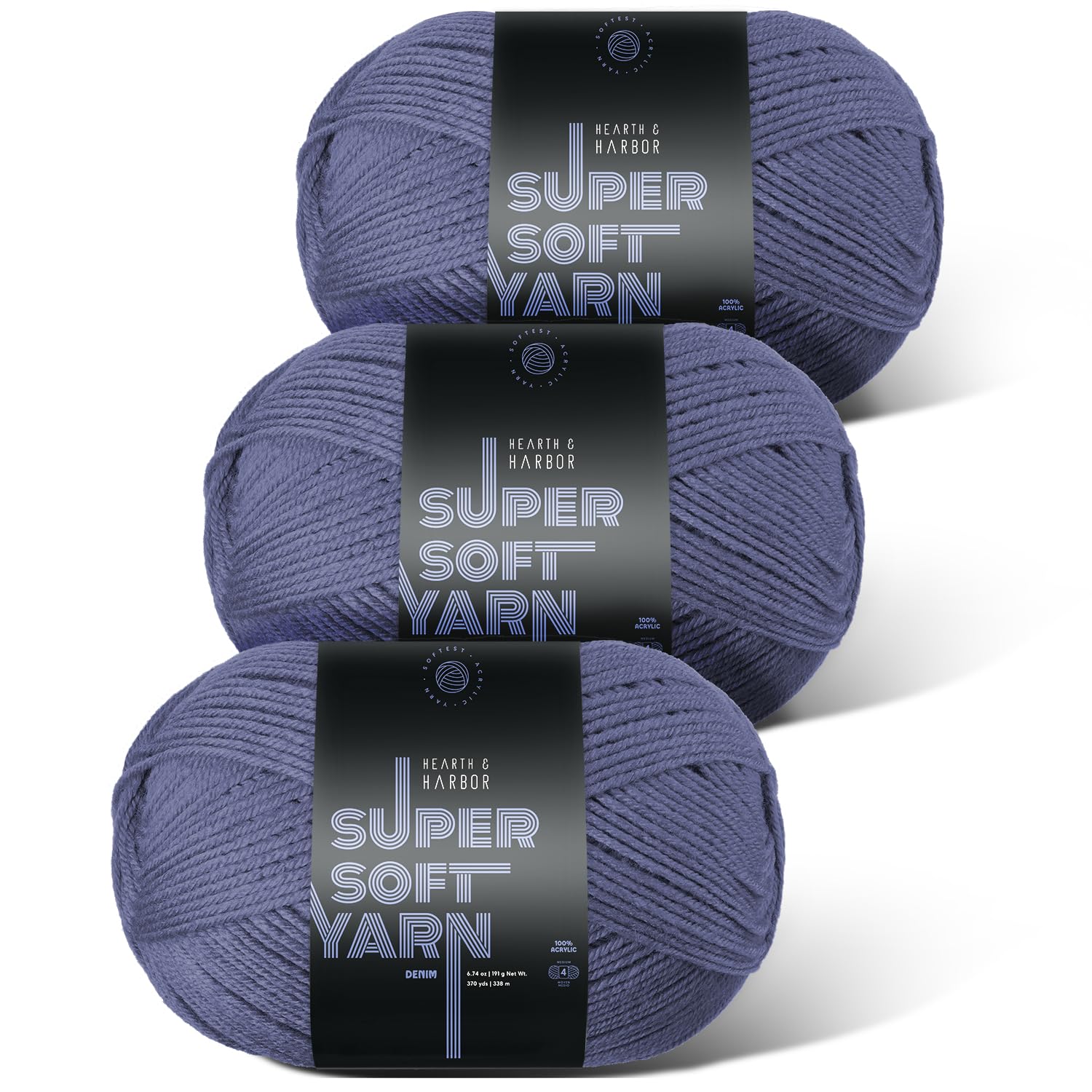 Acrylic Yarn for Crocheting &amp; Knitting – Soft Crochet Yarn for Crocheting, 3 Pack of 370 Yards, Perfect for Crafts &amp; Amigurumi, Medium Worsted Weight 4, Denim