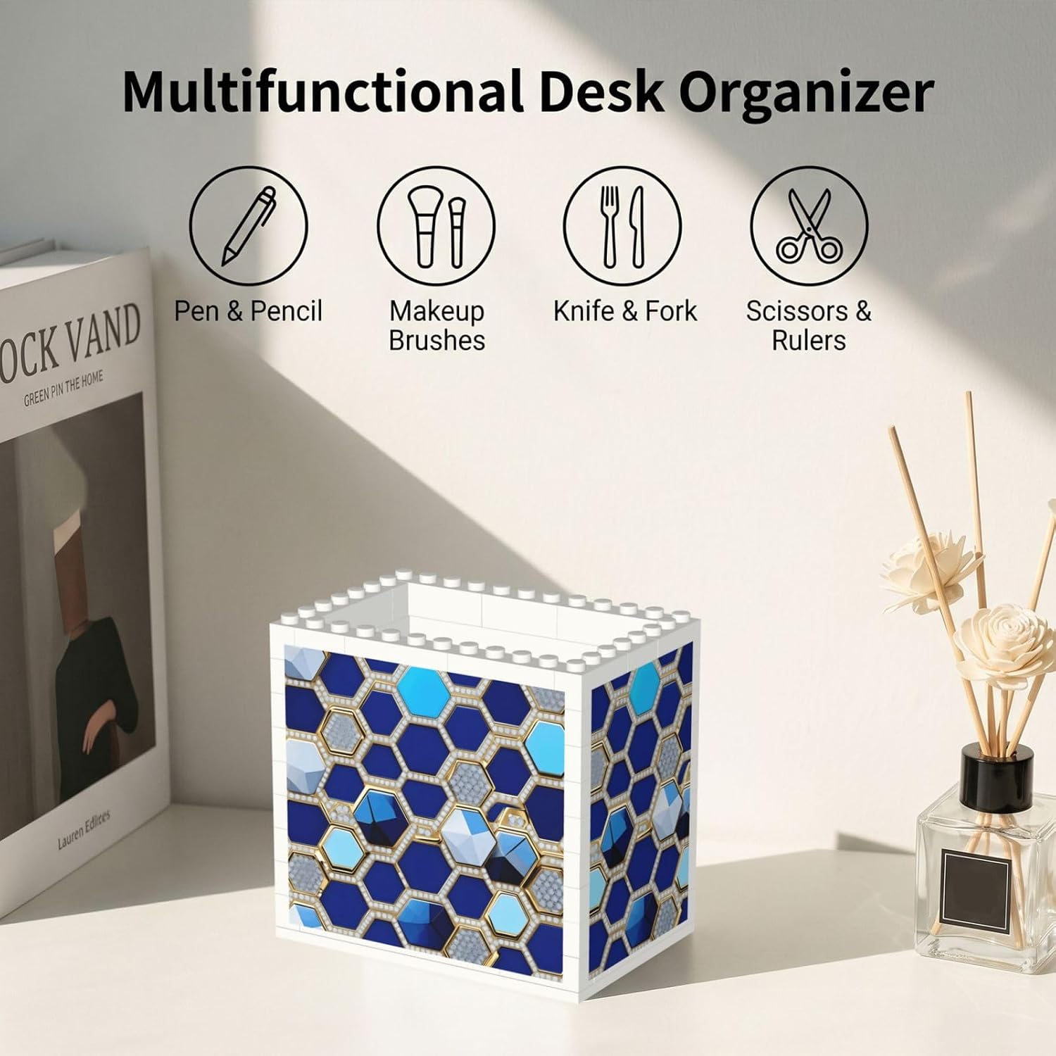 Blue Hexagons And Diamond Print Uv Print Block Pencil Cup, Detachable Creative Block Desk Organizer Office Abs Pen Holder image 5