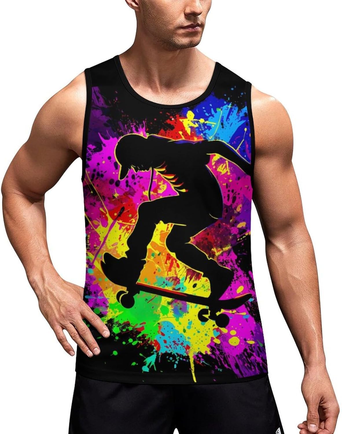 Skateboard Colorful Rainbow Tie-Dye Men's Tank Top Sleeveless Muscle Shirts Vest Beach T Shirts for Workout Gym