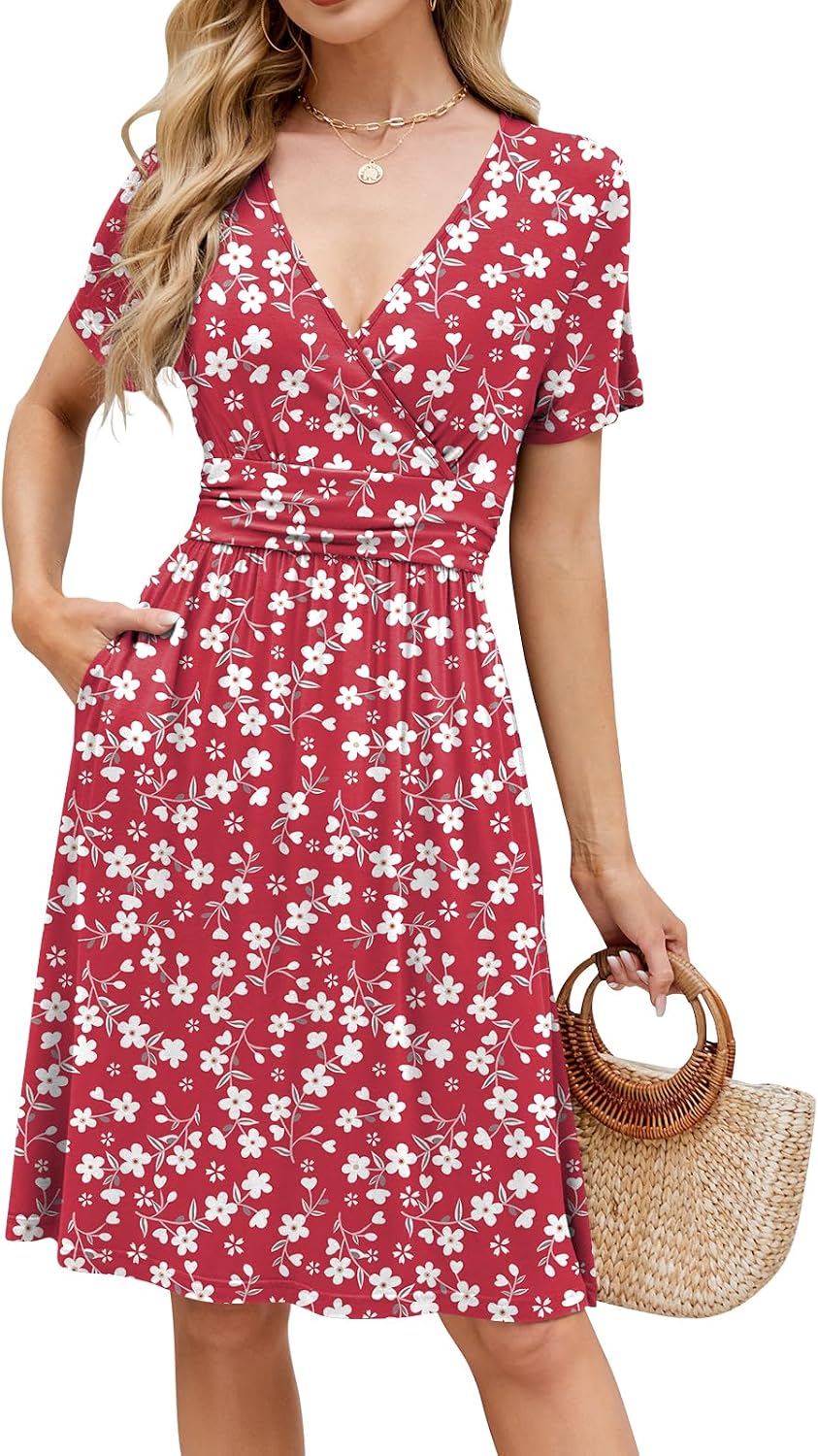 Naggoo Womens Summer Dresses for Women 2026 Spring Floral Sundress Short Sleeve V Neck Wrap Dress with Pockets
