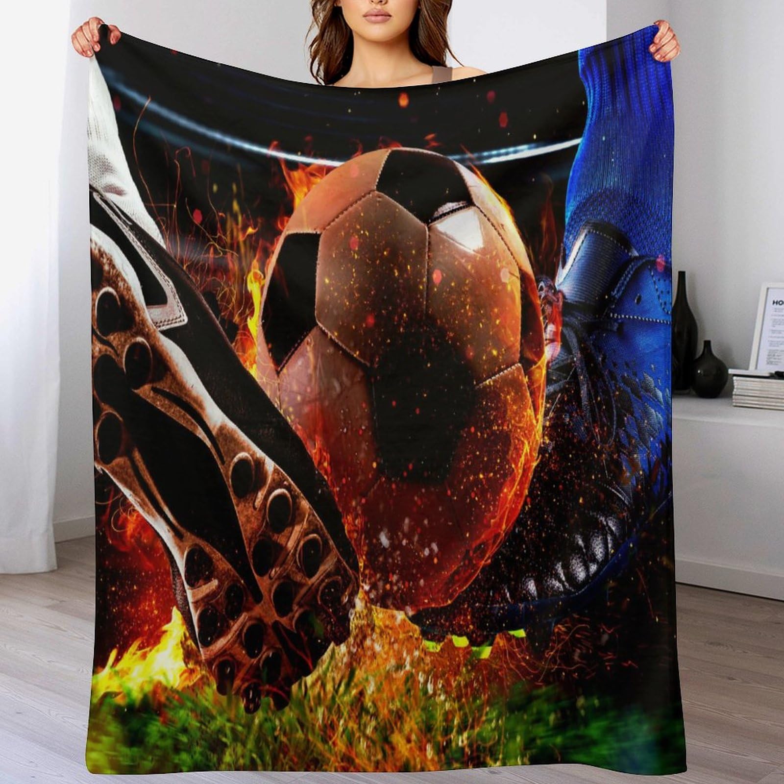 Couverture polerie moelleuse 130x150cm, plaid flanelle chaud lit et canapé motif football