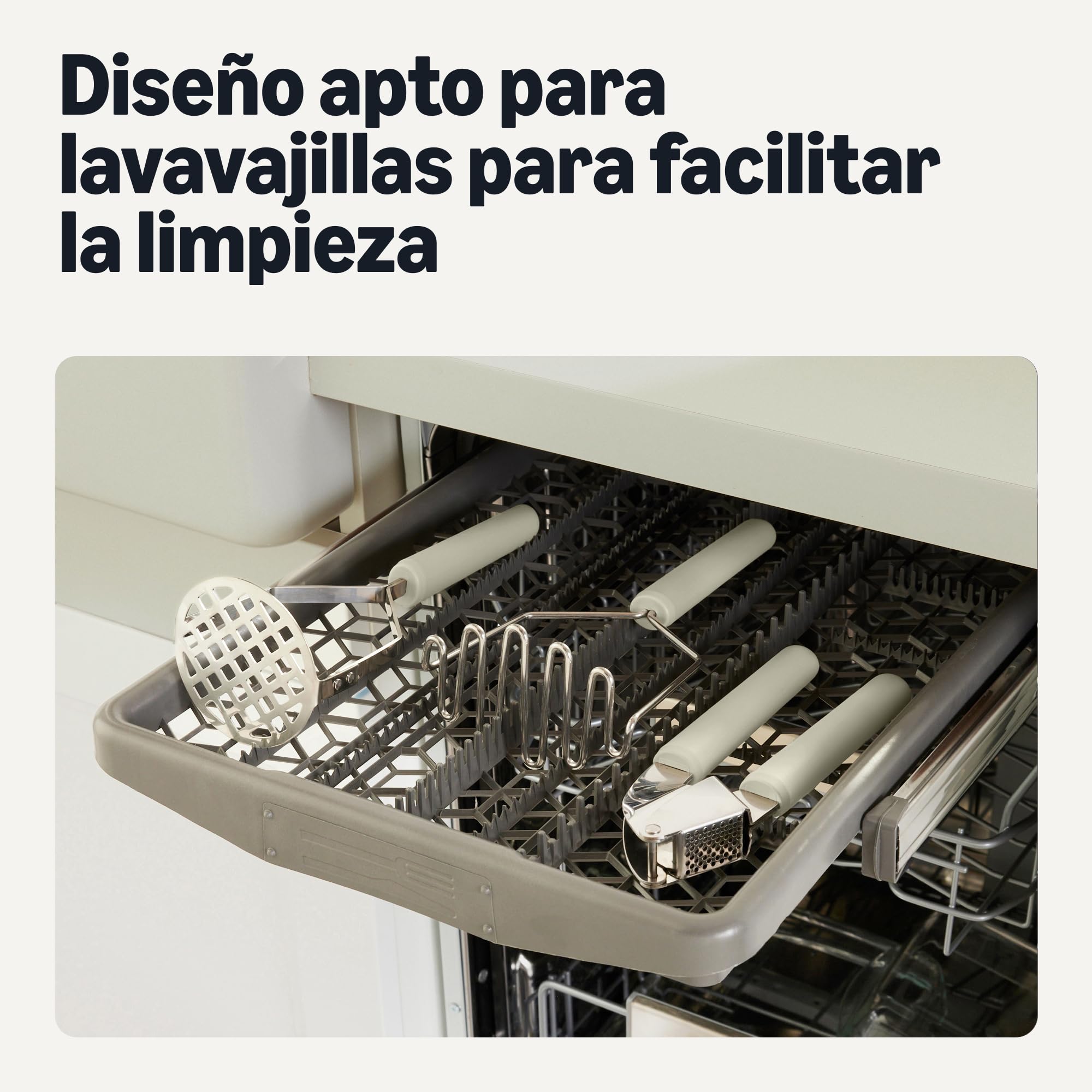 Amazon Basics Prensa de Ajos, Asa de Agarre Suave, Apta para Lavavajillas, Gris Lino