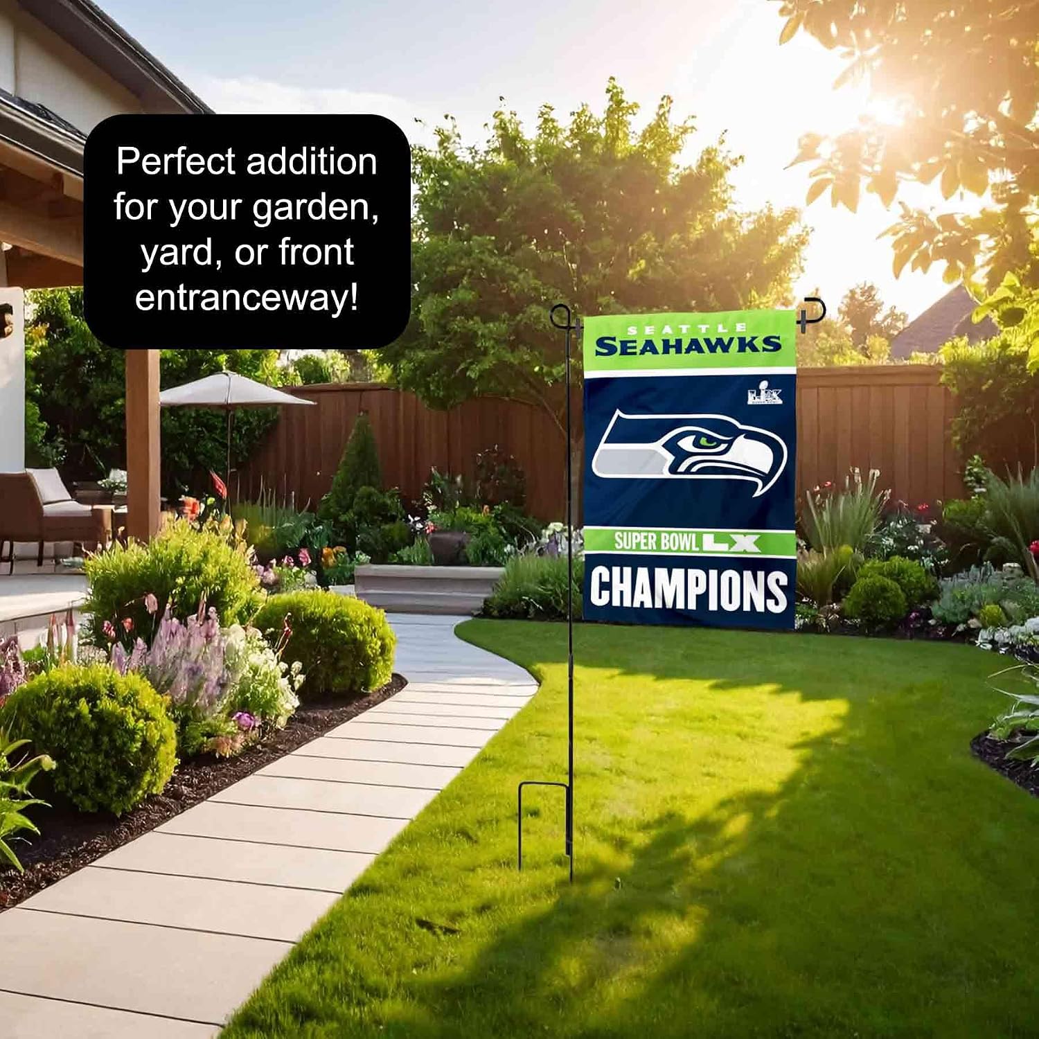Seattle Seahawks Super Bowl LX Champions Garden Flag and Pole Stand Holder