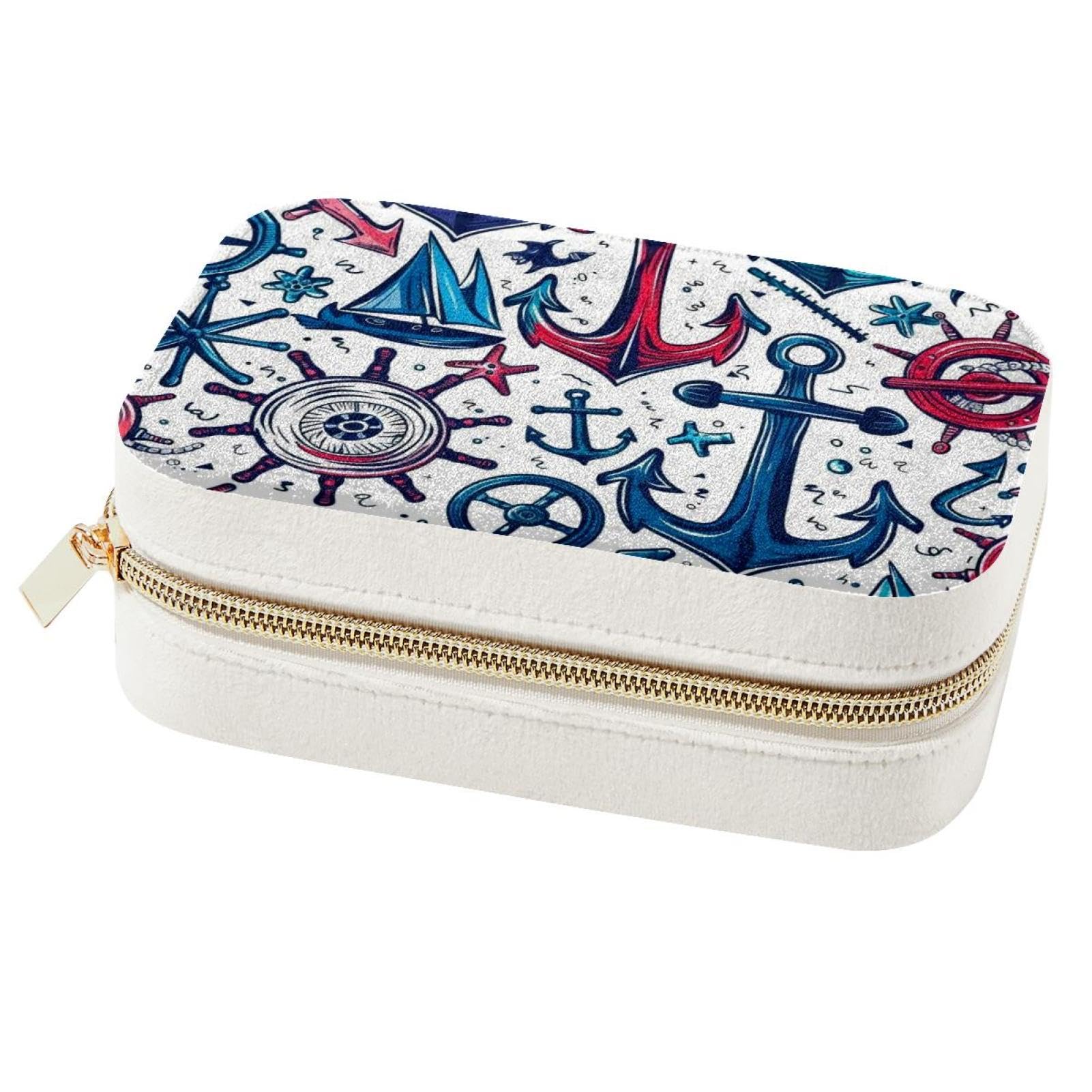 Boîte à bijoux portable motif ancres pour ranger bagues et colliers
