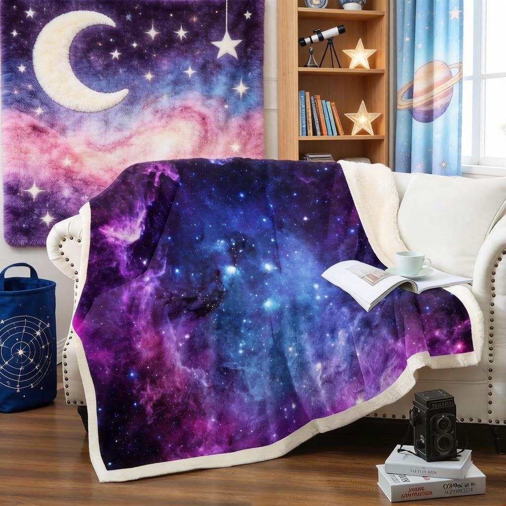 Loussiesd Galaxy Outer Space Fleece Throw Blanket Blue Purple Starry Sky Sherpa for Kids Adults Universe Stars Night Plush Fuzzy Blanket for Sofa Bed Couch Single 50"x60