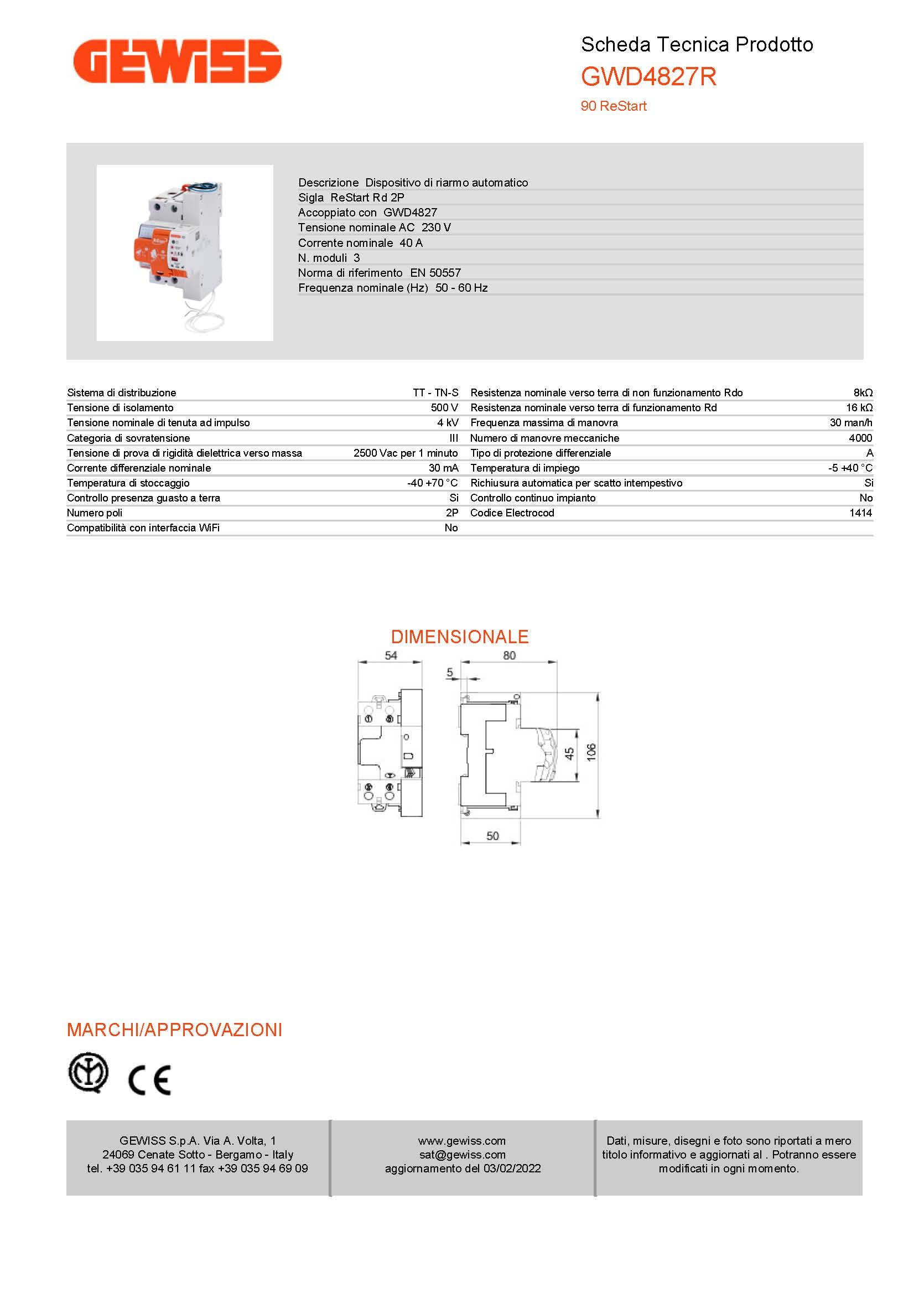 GEWISS - GWD4227R - Restart Rm - 2 Poli - Accoppiato Con Mdc - 16 A 4500A Tipo A Curva C Idn=0,03 A 230 V - 3 Moduli En 50022