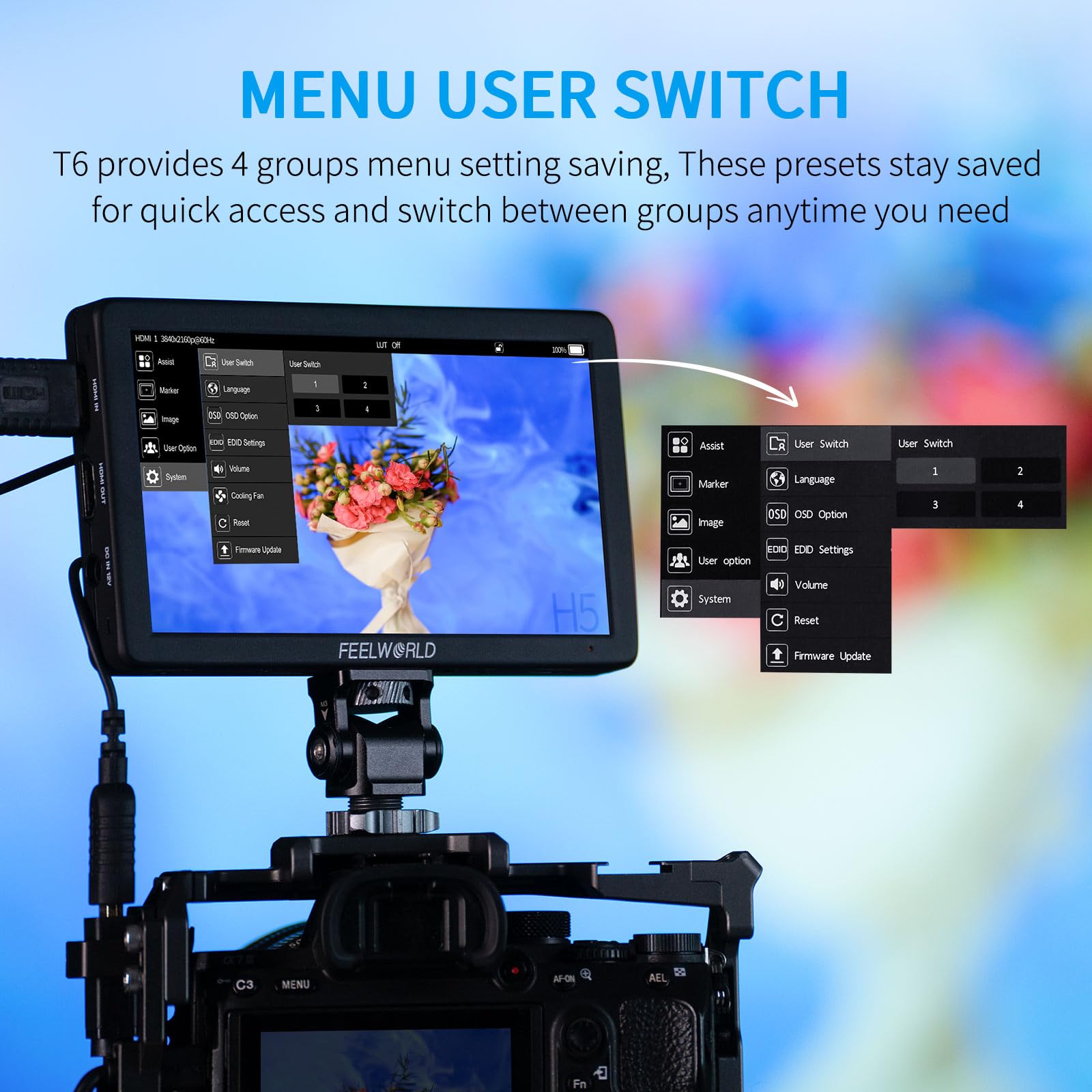 FEELWORLD T6 Moniteur de Caméra 6 Pouces Retour Video Appareil Photo Aluminum IPS Full HD,Entrée/Sortie 4K HDMI avec 3D LUTs, Vecteurscope, Focus Peaking, Batterie F550 2200 mAh et Sac de Transport