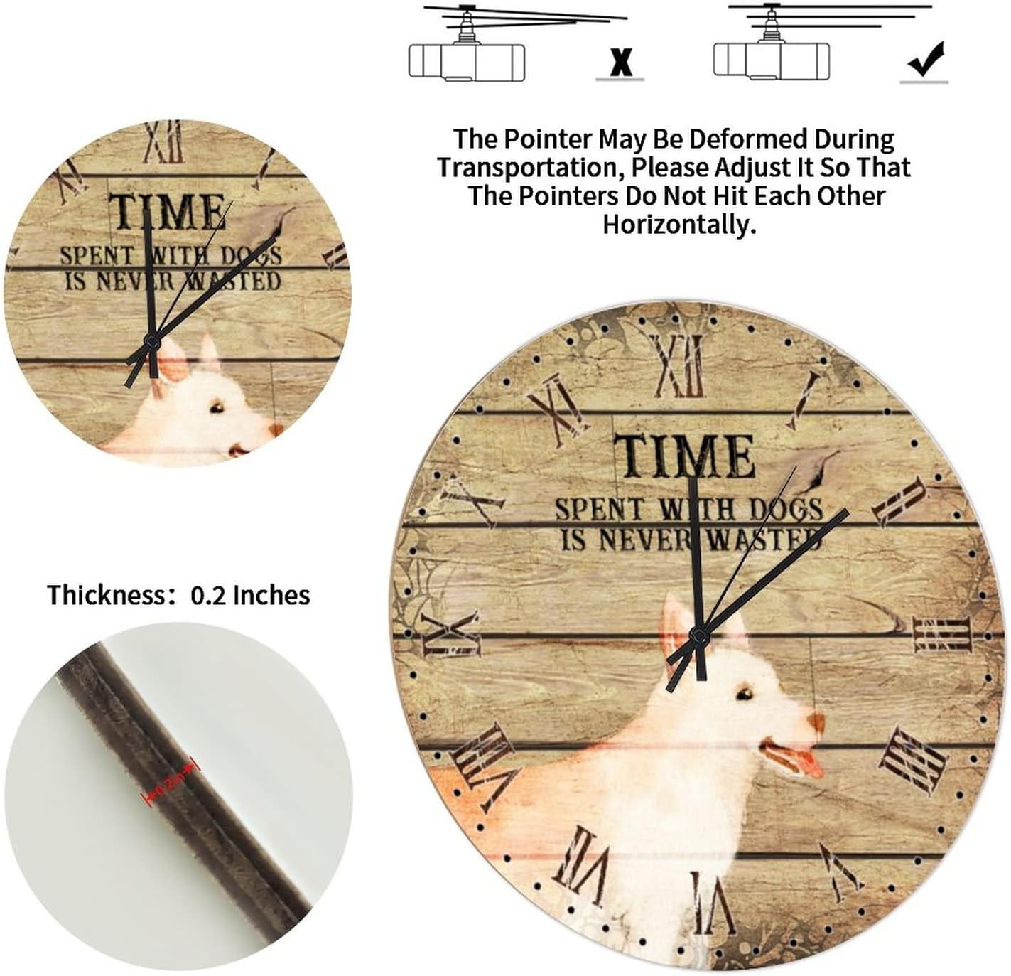 Wall Clock 10in White Sepherd Dog Owner Wooden Clock Time Spent with Dogs is Never Wasted Coastal Style Silent Battery Operated Animal Popular Wall Decor for Fireplace Living Room Hotel Terrace image 3