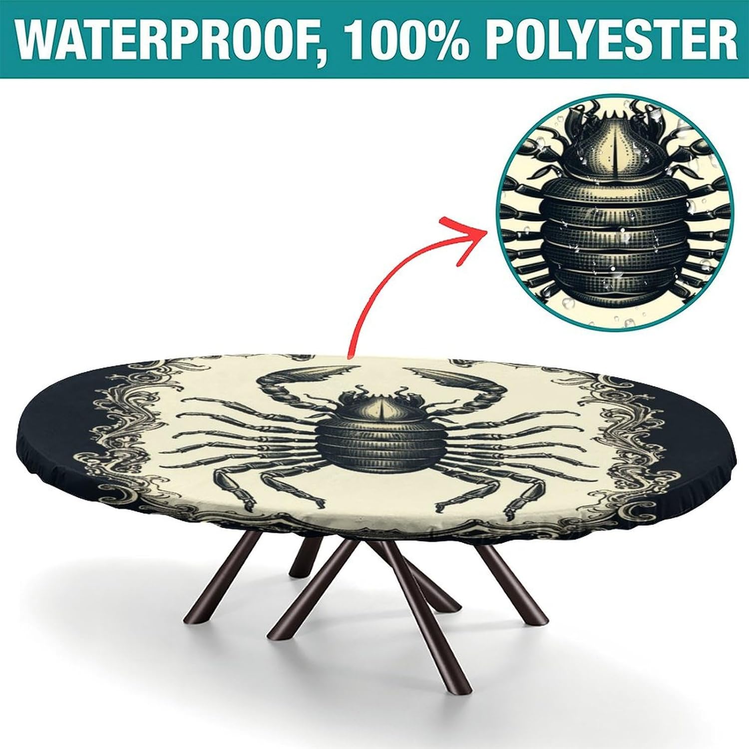 Scorpion Black Print Oval Tablecloth Fitted Leakproof & Sturdy Washable Large Oval Tablecloth Table Cloth Oval Table for Dining Camping Indoor and Outdoor Fits for 48 x 68 Oval Table
