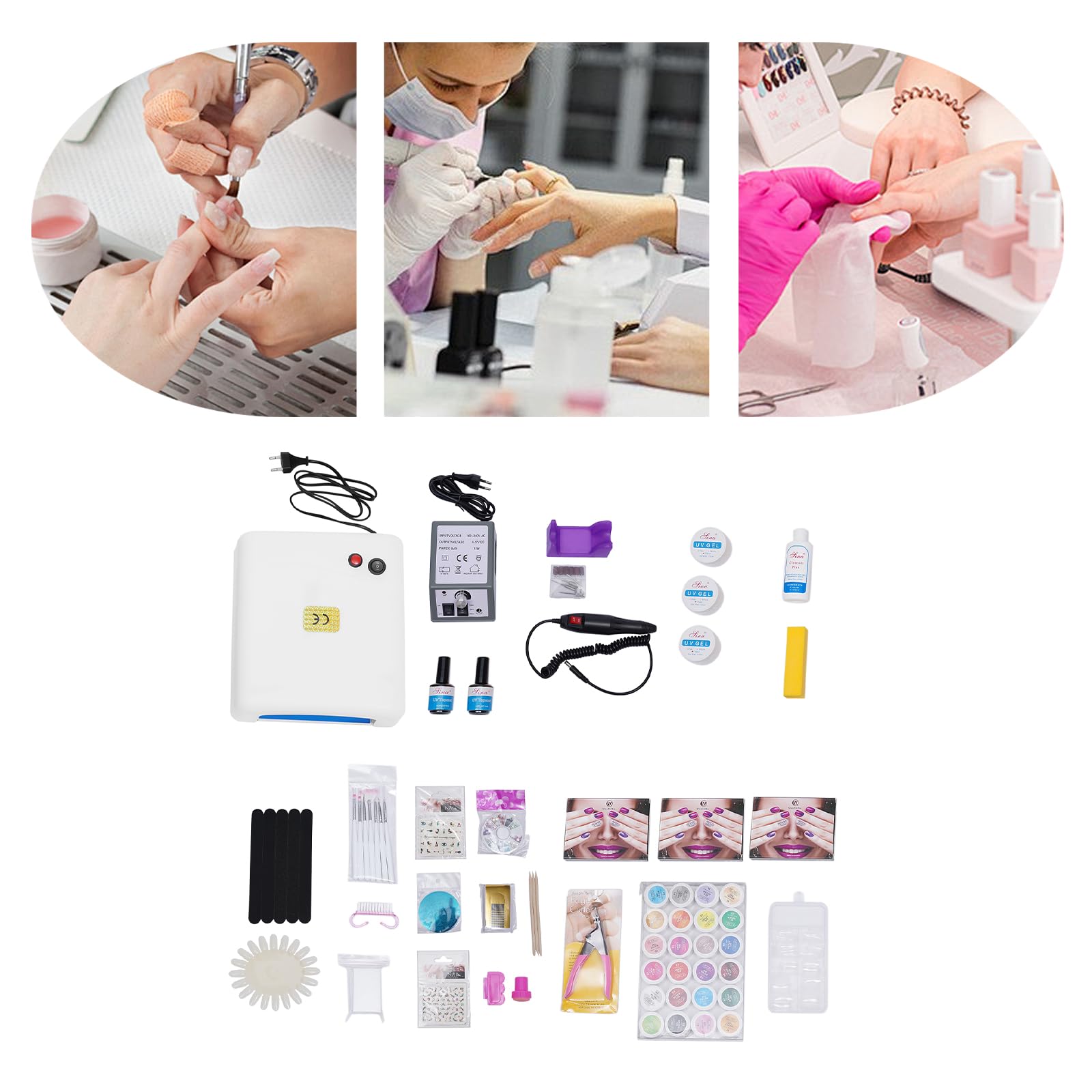 Nagelstudio Set, Gelnägel Starterset mit 24 Farbgele, Bunte Strasssteine Maniküre UV-Lampe und Maniküre Werkzeugen Geeignet für Anfänger & Home-Salon