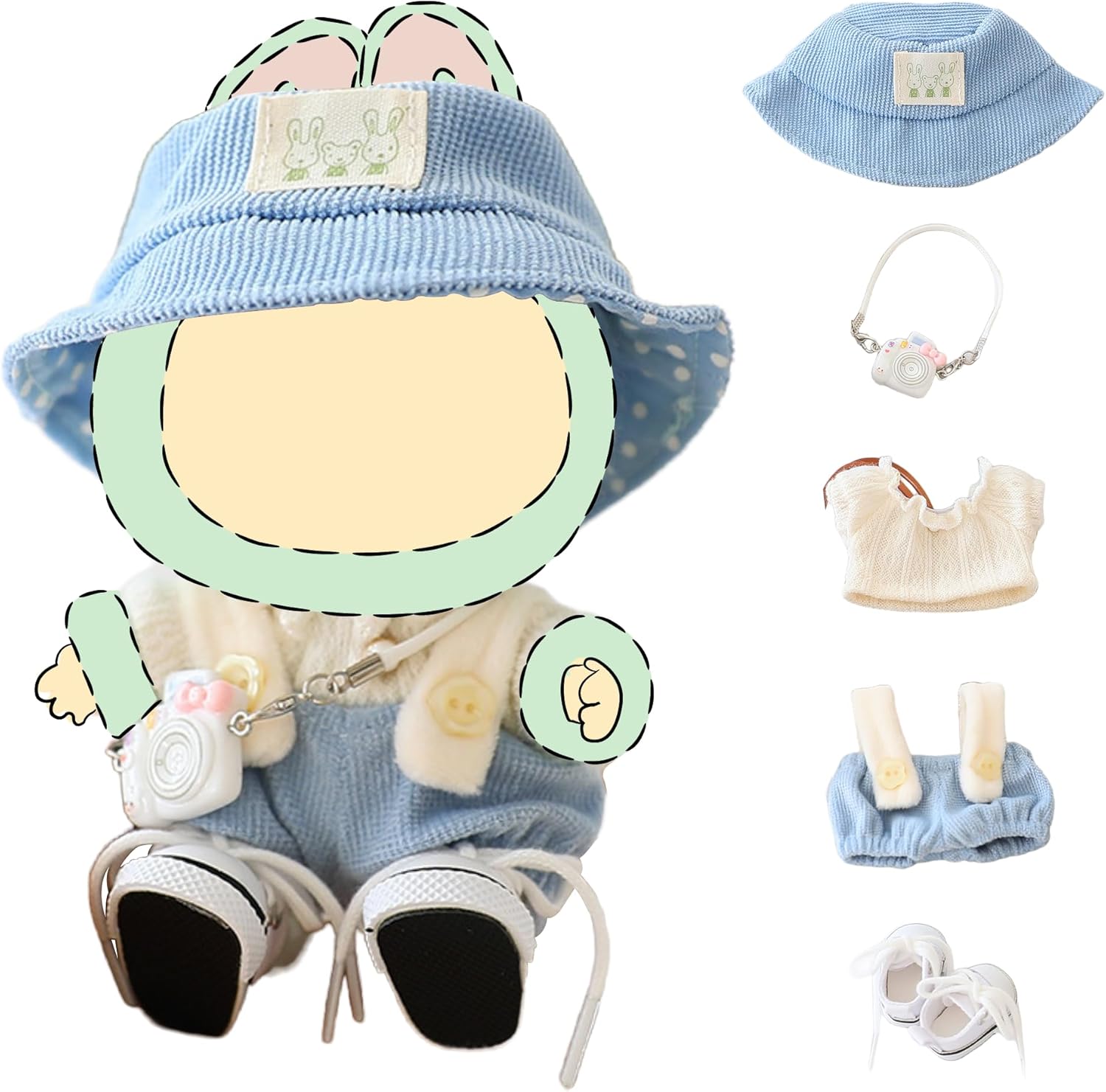 Doll Clothes Set for LABUBU, Clothes for Labubu, 17cm/15cm Dolls Outfit Set, Crochet 4 Piece Set Hat Clothes Cell Phone Backpack for LABUBU, Stylish Adorable Dolls Clothes Accessories (No Doll)(Blue)