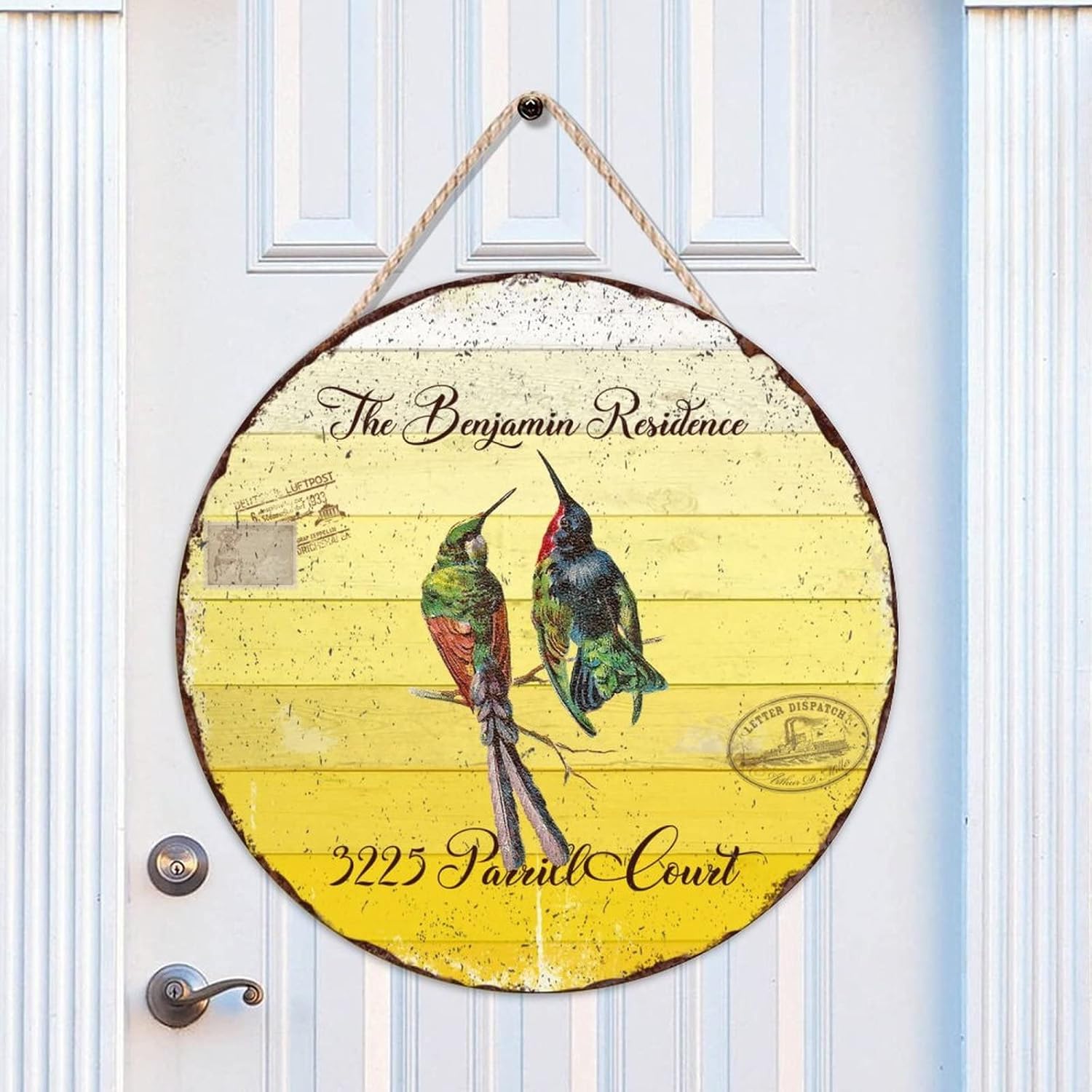 Custom Name Home Address Hummingbird Wood Door Sign, Funny Front Door Sign, 18" x18" Custom Address Wall Hanging Sign Plaque Rustic for Front Door Entryway Porch Bar Pub Housewarming Gifts