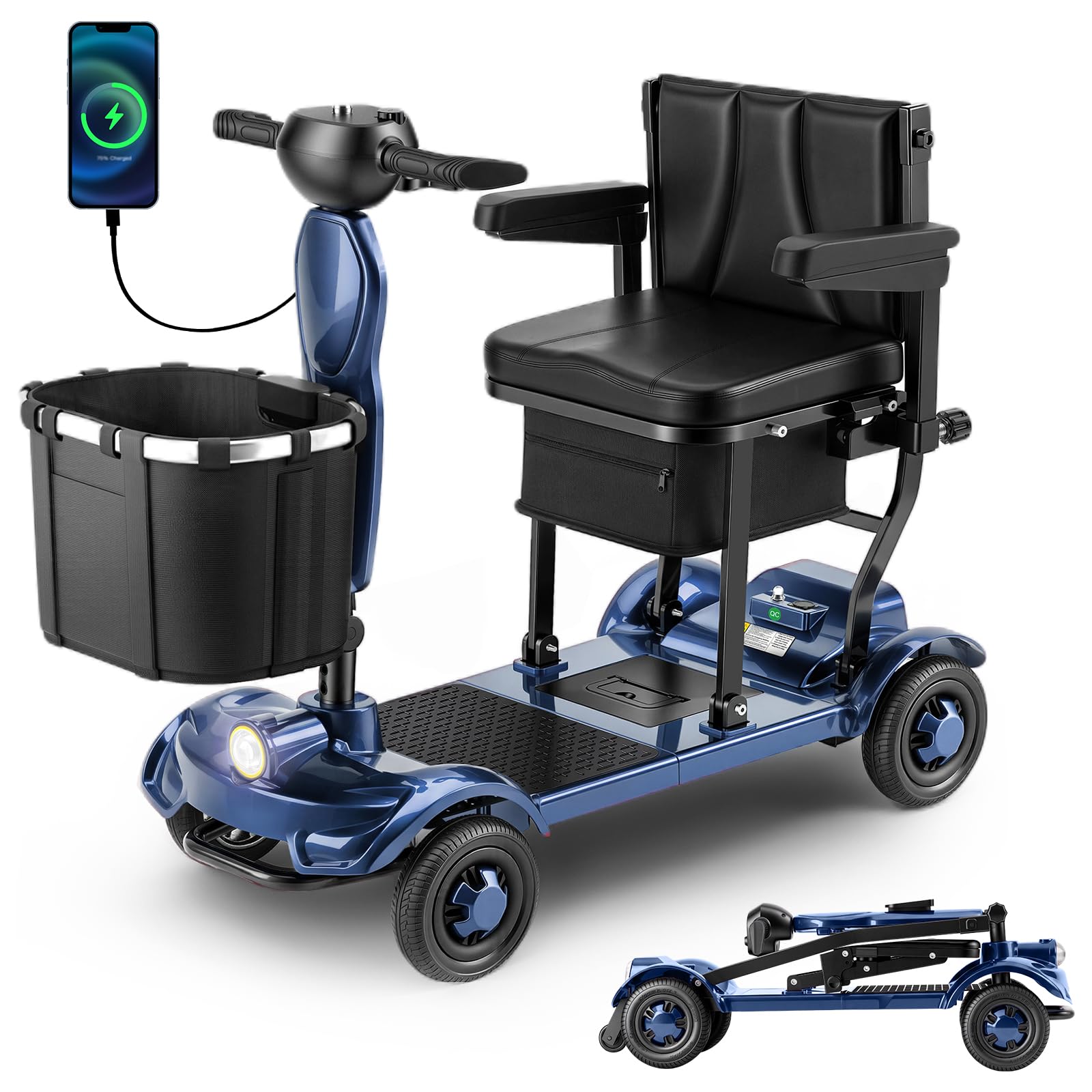37.5lb Lightweight Mobility Scooters for Seniors, Airline & Cruise Approved | Foldable Portable Motorized Scooter for Adult, Removable Lithium Battery for 12Miles Travel, USB Port, 300lb Capacity, Blu