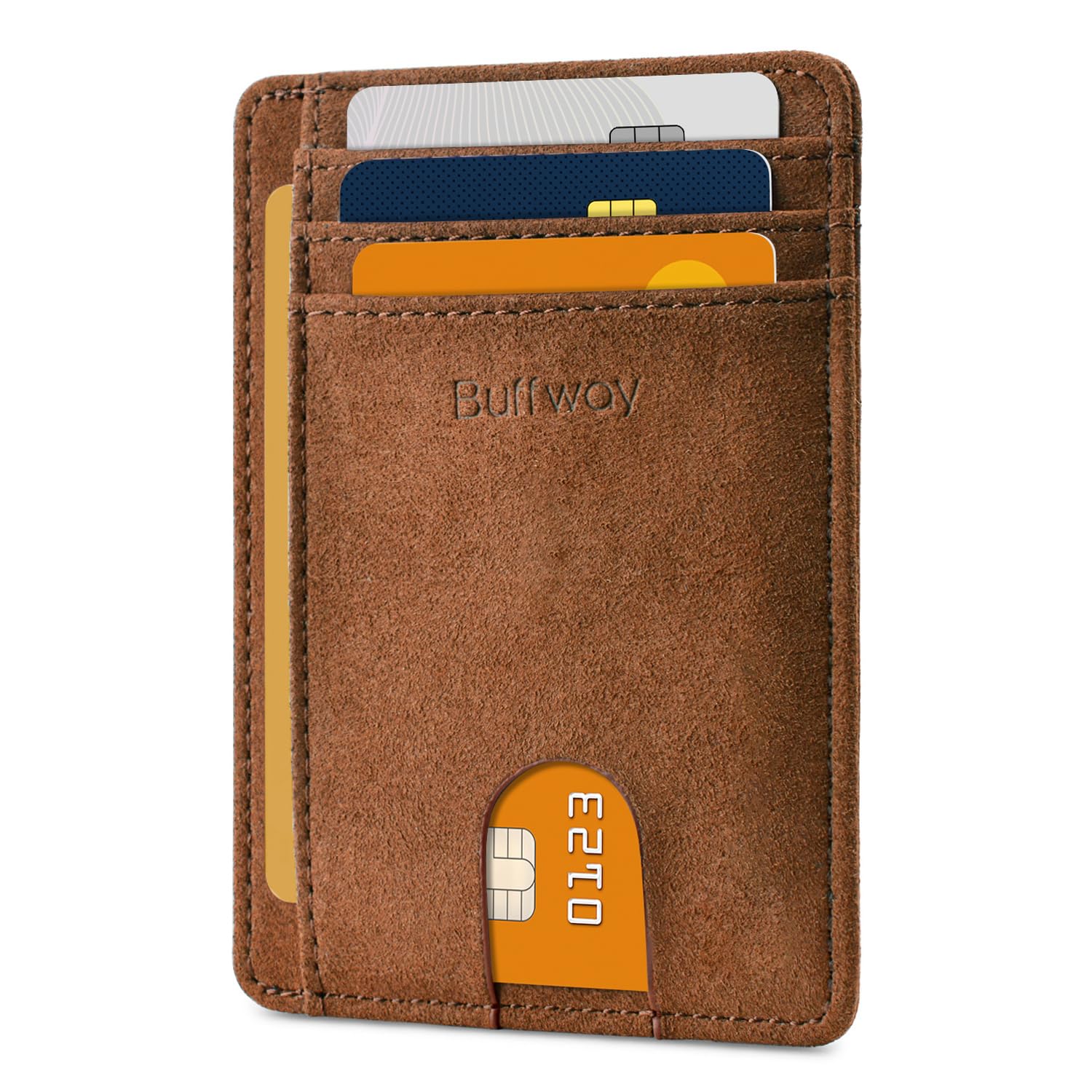 Buffway Mens Slim Wallet, Minimalist Thin Front Pocket Leather Credit Card Holder with RFID Blocking for Work Travel