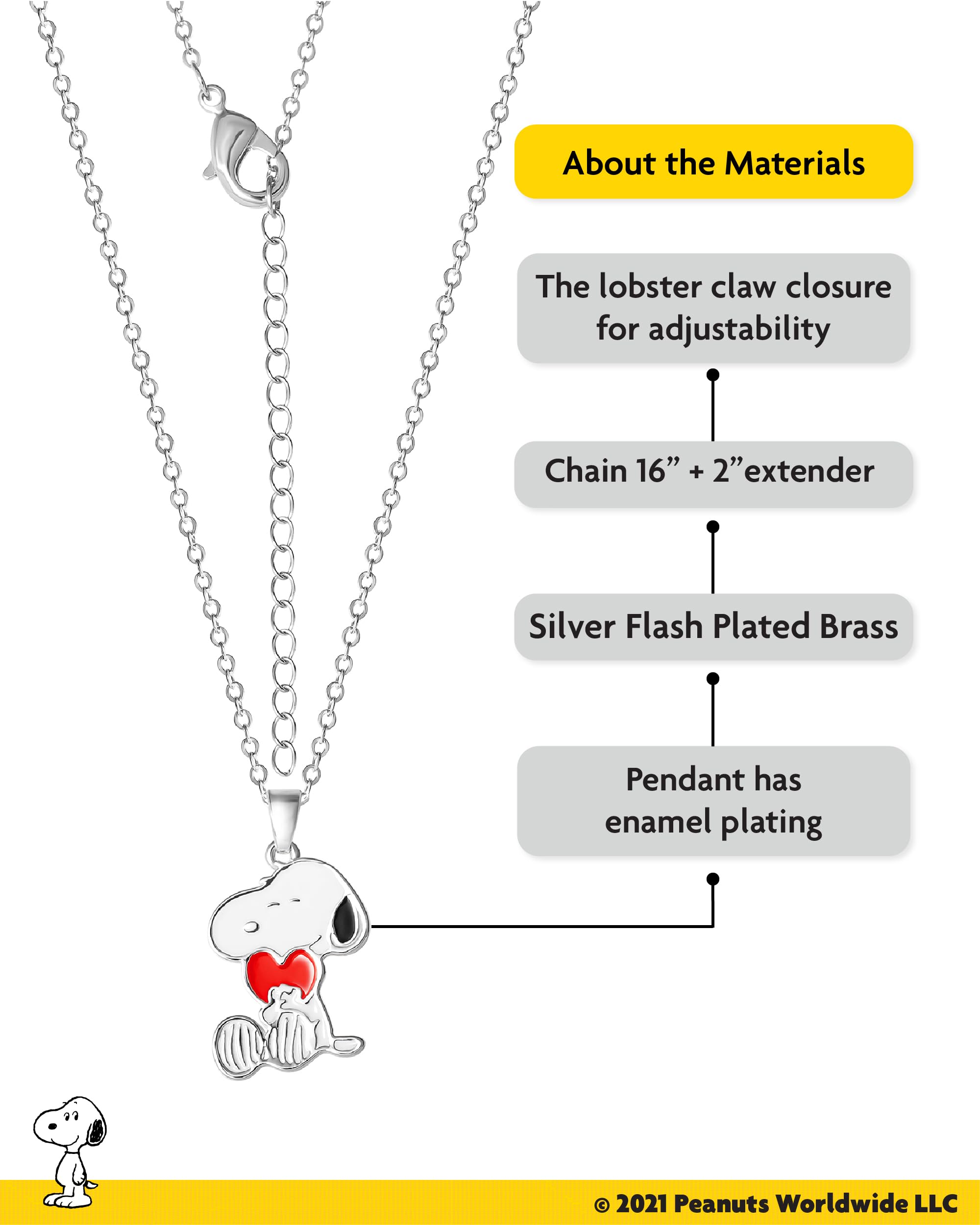 Peanuts Snoopy Heart Necklace for Women 16"+2" Official License, Silver Flash-Plated