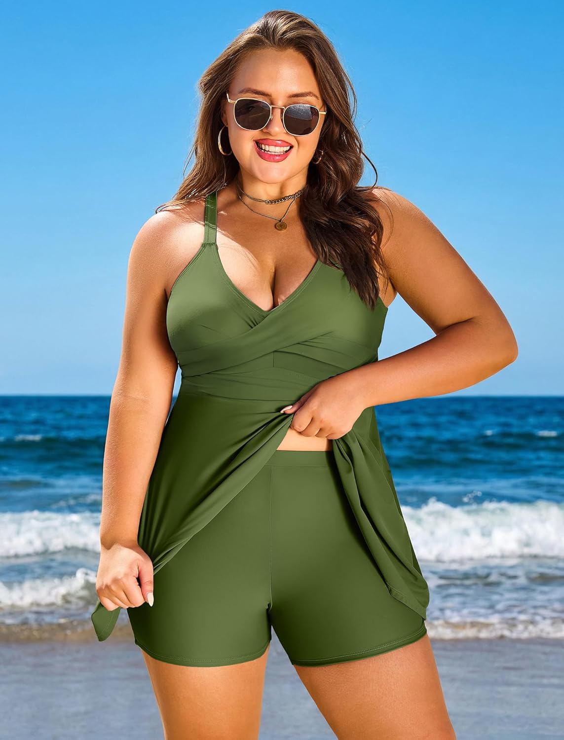 HUSKARY Plus Size Swimsuits for Women Swim Dress Tummy Control Two Piece Bathing Suit Flowy Tankini with Boyshorts - Image 4
