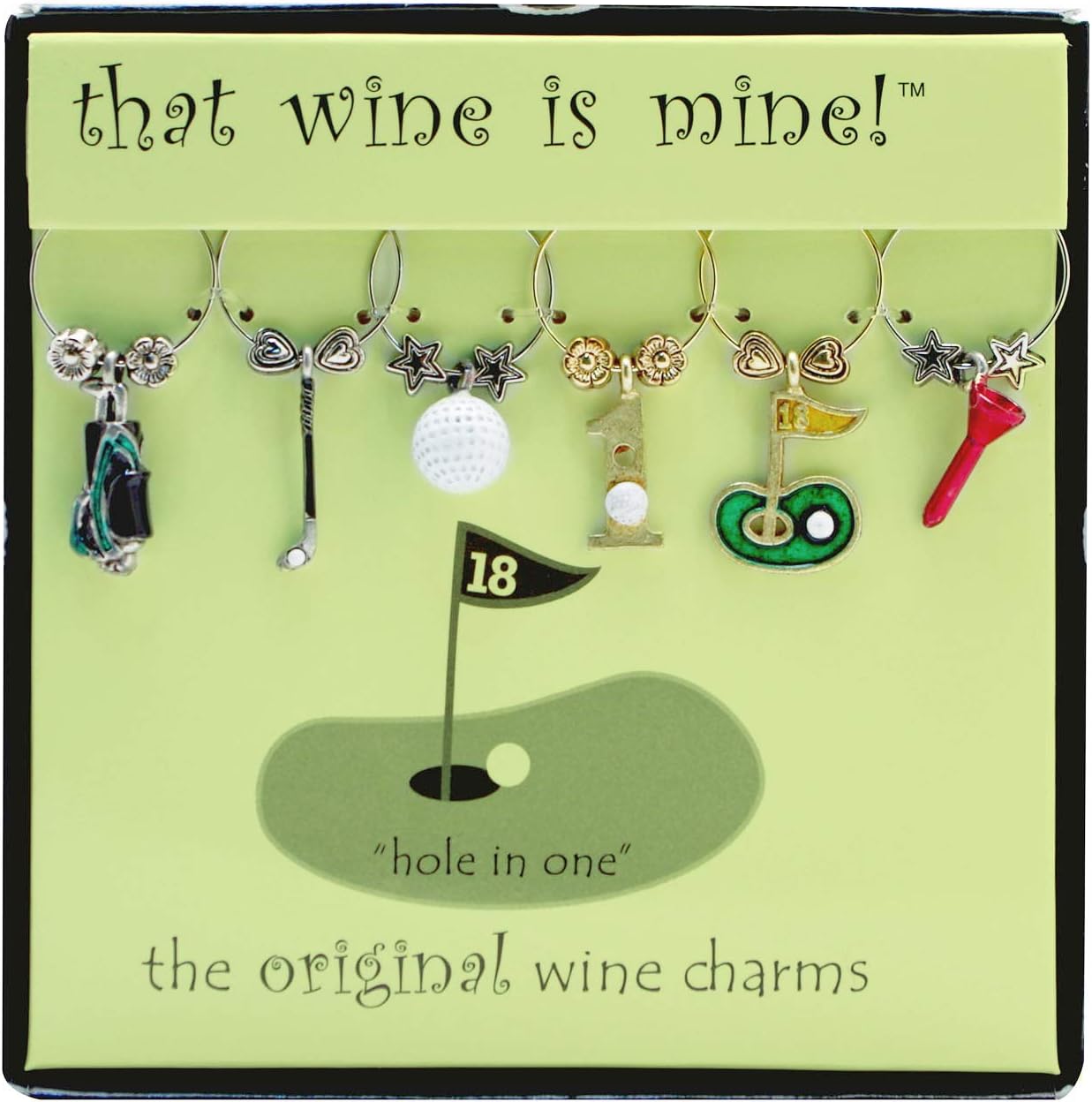 Wine Things 6-Piece Wine Charms/Wine Glass Tags/Drink Markers for Stem Glasses, Wine Tasting Party (Hole In One)
