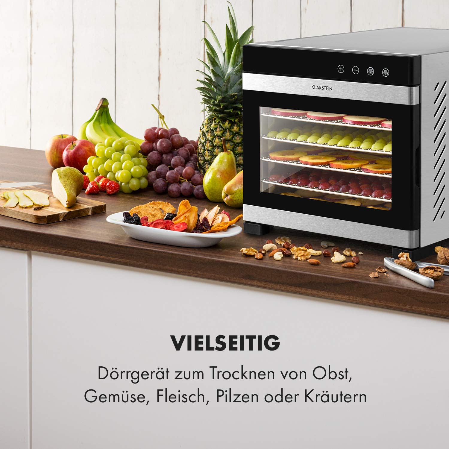 Klarstein Flavour Dry Dörrautomat Mit Edelstahl-Gehäuse, 6 Ablagegitter, LCD-Touch-Display, Timer, 360° Airflow Circulation, Digitaler Thermostat, 35-75 C°