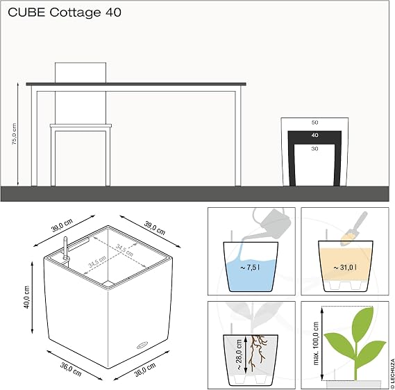 Lechuza Self Watering Plant Pots CUBE Cottage 40cm Square Plant Pot, Sand