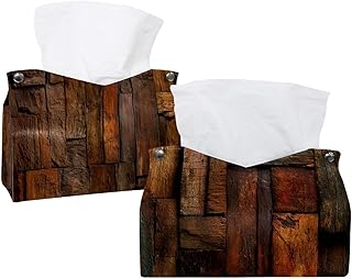 Paquete de 2 fundas de madera marrón vintage (5) para caja de pañuelos, organizador decorativo de cuero para mesa, baño, coche, oficina