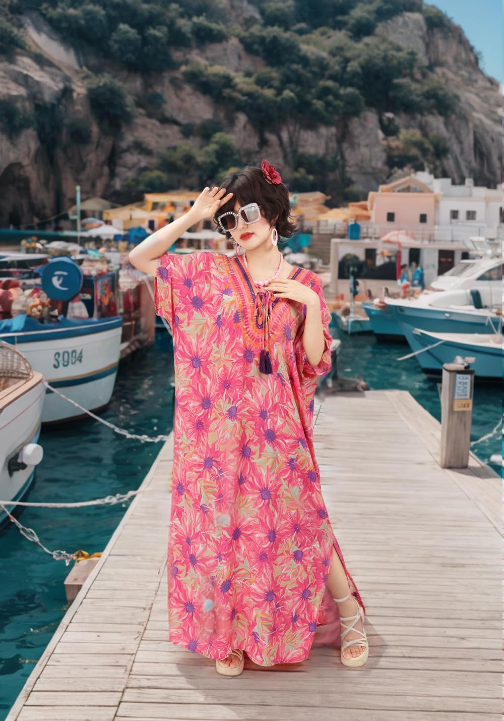 PROCOS Vestidos caftán para mujer, vestido maxi de playa con estampado floral con collar, aretes, lentes, disfraz de Halloween