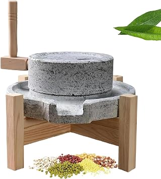Manual Grain Mill, Handmade Natural Stone Mill, Uniform and Smooth Supply, Wood Base, Manual Stone Grinder, Cereal Bluestone Grinder, Home Kitchen Stones, Wet & Dry Food