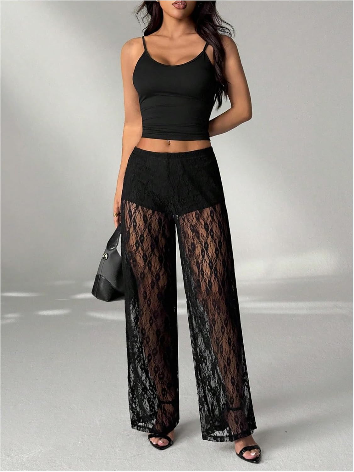 MakeMeChic Women's Y2K Lace Pants Wide Leg Sheer Mesh Low Rise Trousers Pants