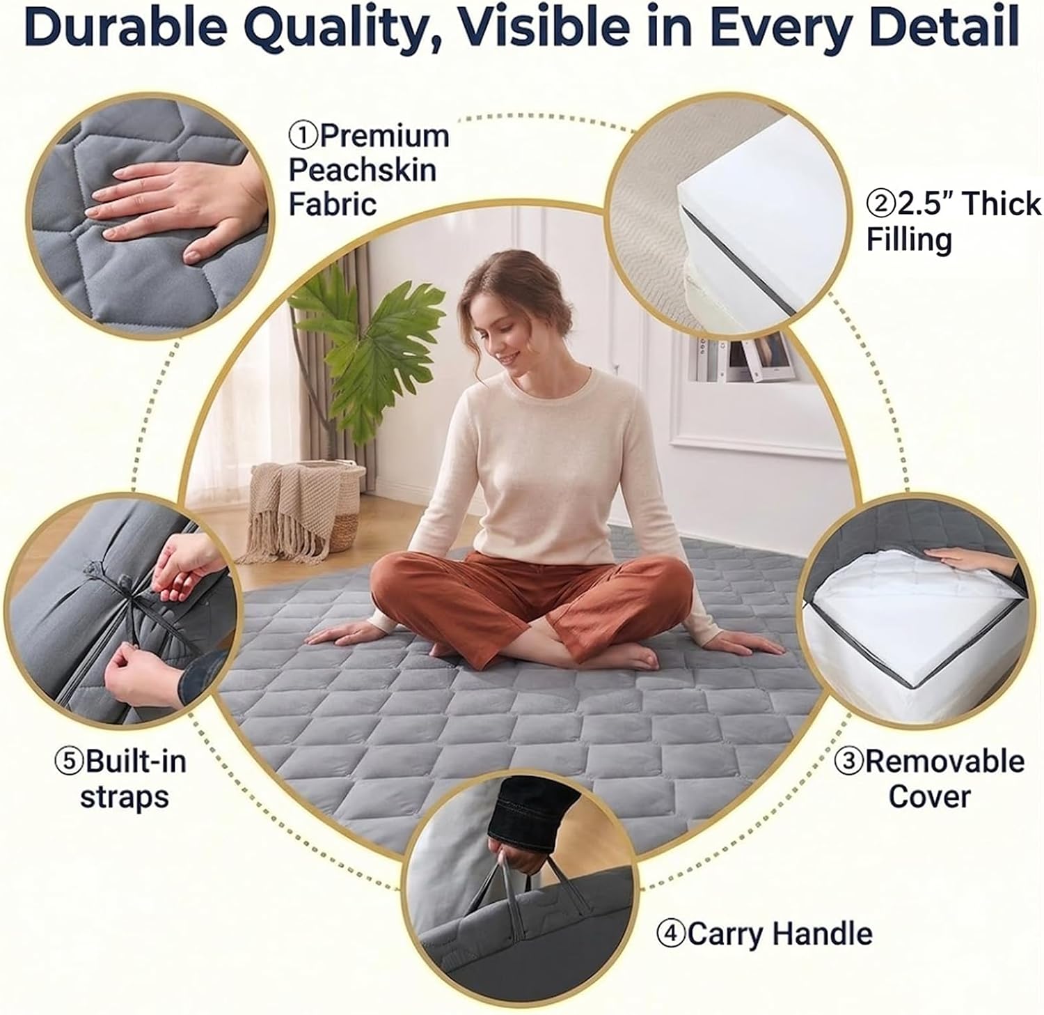 DOWNSTORIA Japanese Floor Mattress, 2.5 inch Futon Mattress Roll Up Tatami Mat with Handle, Foldable Floor Bed Sleeping Pad for Camping, Twin Size, Grey(39x75)