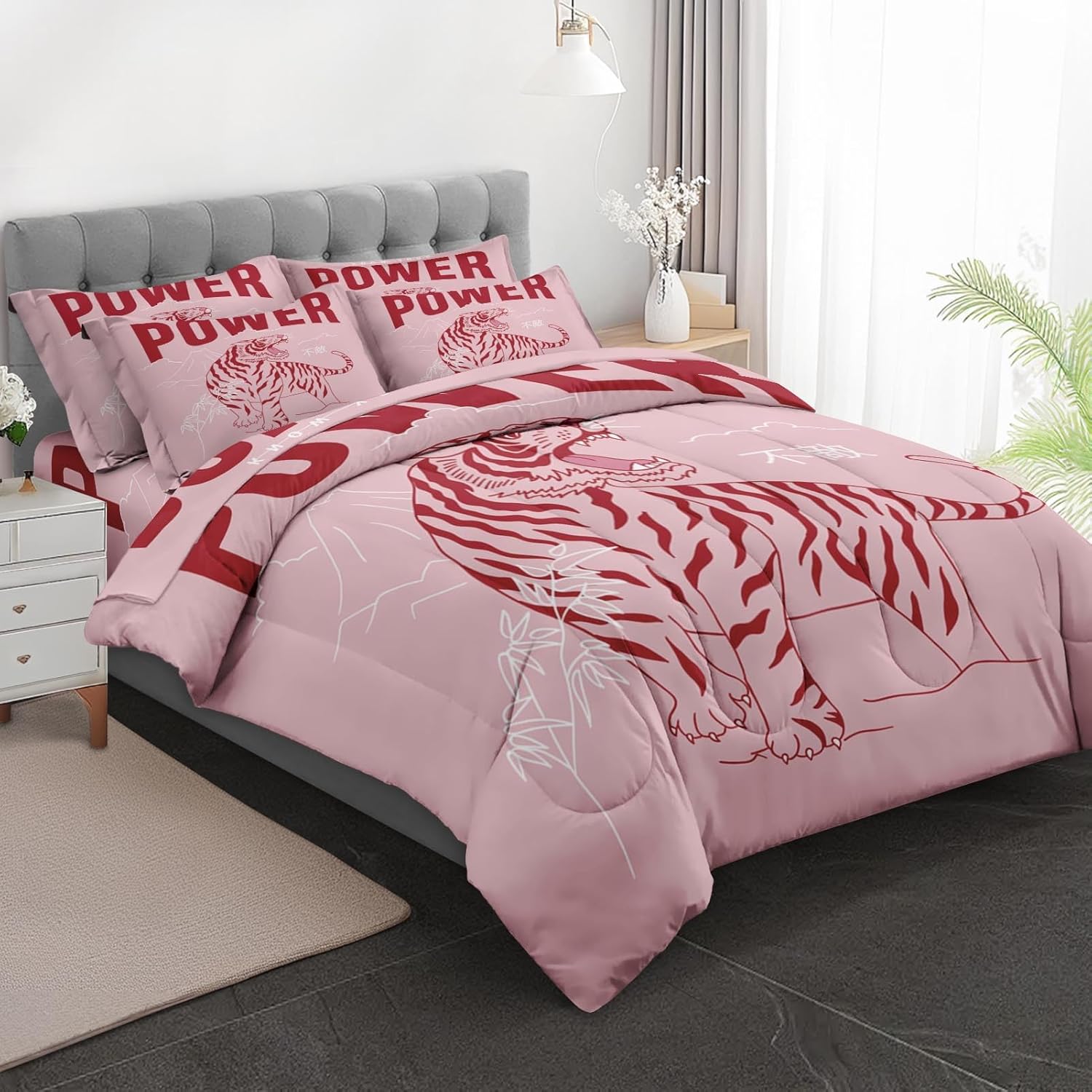 Lomlart 7Pcs Comforter Set Full Size, Tiger Asian Chinese