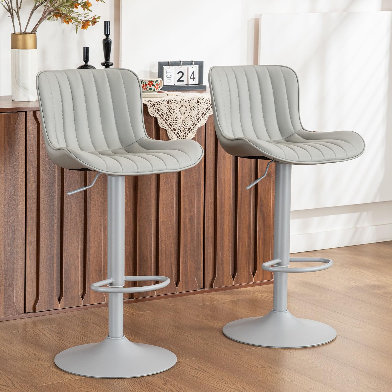 Kidol & Shellder Set di 2 sgabelli da bar girevoli in finta pelle, grigio con gambe grigie