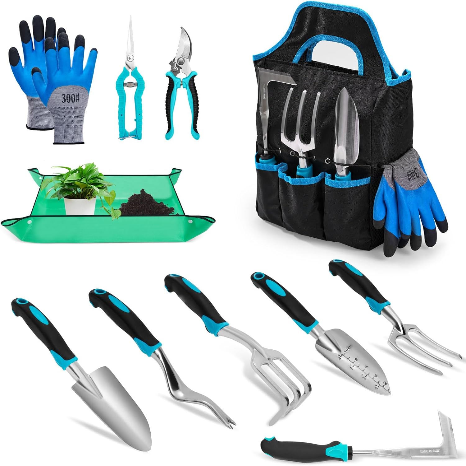Garden Tool Set with Non Slip Rubber Grip,11 Piece Stainless Steel Gardening Tool Sets,Heavy Duty Outdoor Hand Tools Kit,Durable Tote Bag,Repotting mat,Uprooting Weeding Tool,Ideal Gifts for Women Men