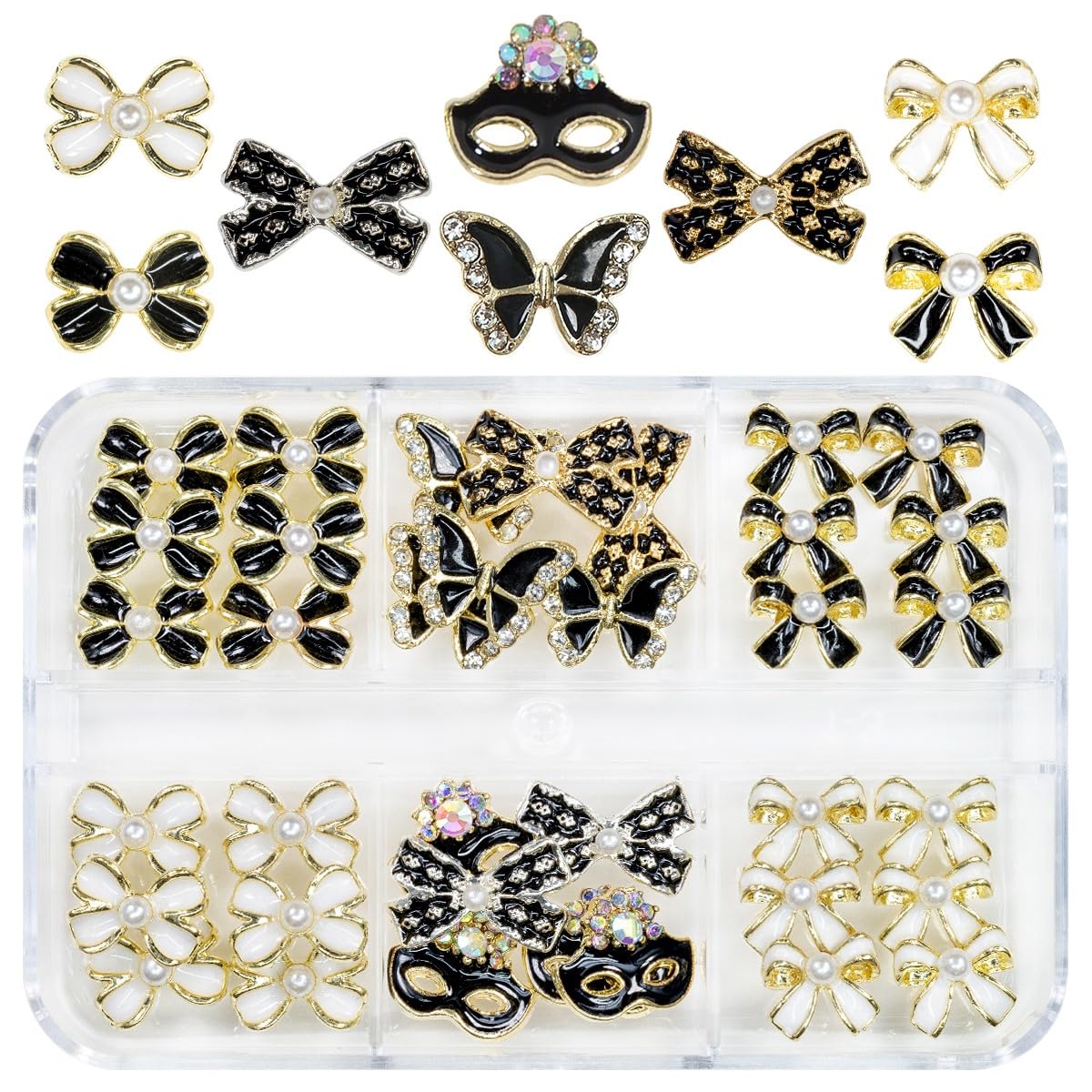 qiipii 36Pcs Elegant Cute Charms for Nails Bow Butterfly Mask Luxury Kawaii Black White Rhinestones Pearls 3D Alloy Gems Cute Nail Art Charms for